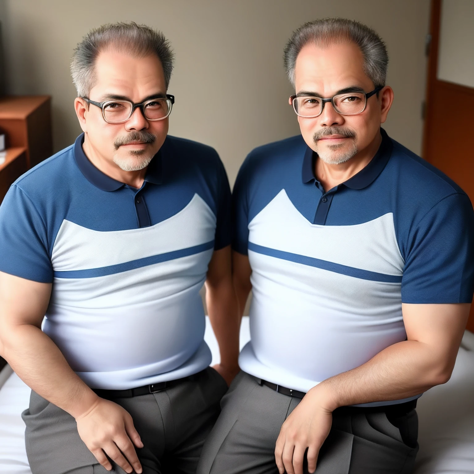 2 Vietnamese grandfathers with gray hair, mature face, a thick mustache, a short chin beard, bear body, wearing a massive bulging gray jockstraps stand in library, have belly, big muscular chest, a sexy pose, show underwear.