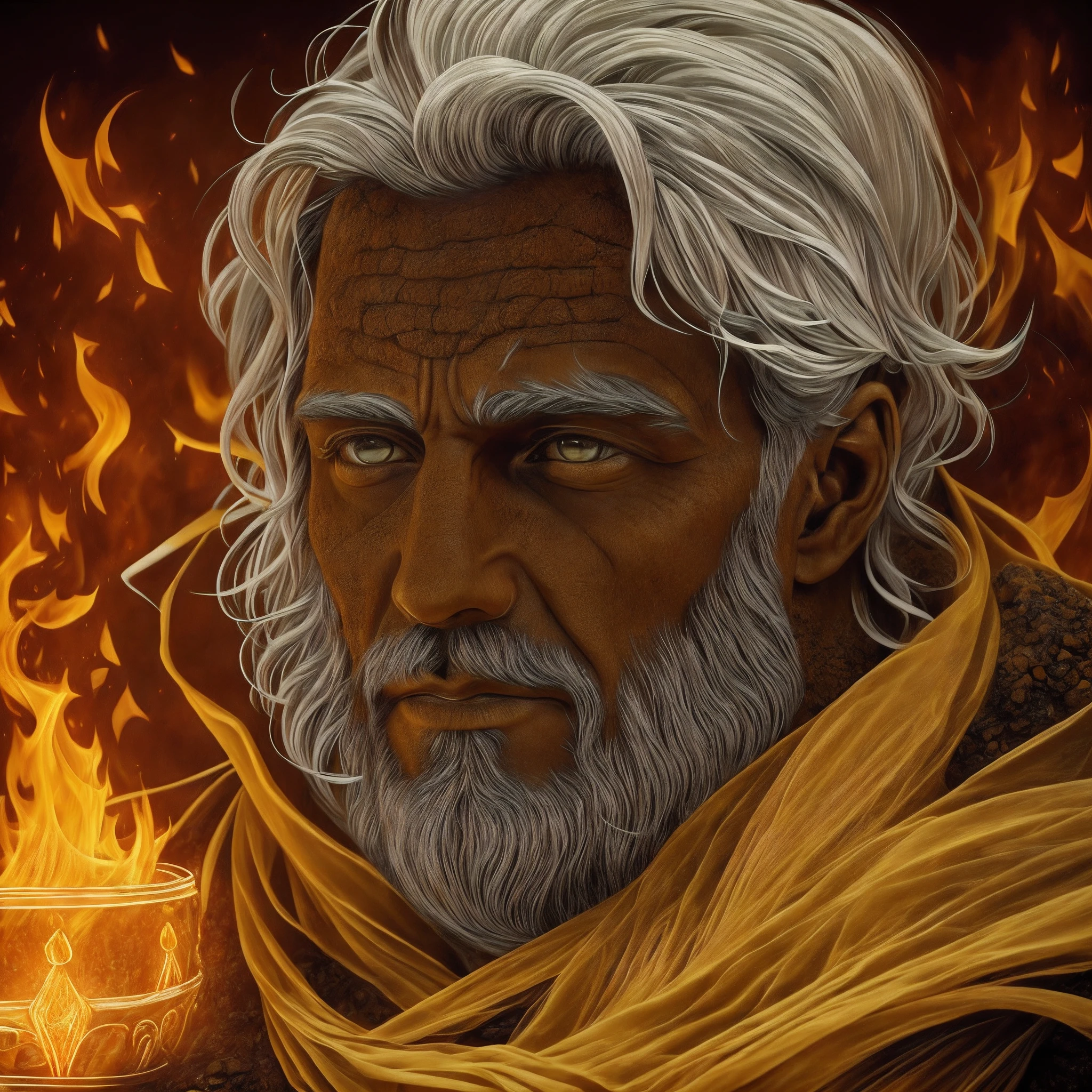 Drawing, fantasy, realism, detail, dynamism of movements, portrait, man frozen in lava, detail, covered with ash (detailing), man 30 years old, covered with lava, yellow eyes visible, fire, frozen lava, cave, clarity 8 k
