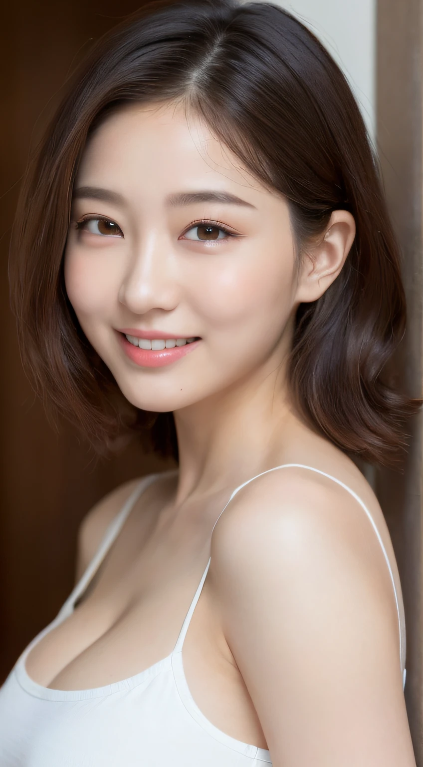 incredibly absurd, beautiful and cute 20-year-old Korean girl with a photorealistic face, showcasing top-quality craftsmanship. Her slender frame adorned with short, messy hair. The artwork high-resolution, allowing for ultra-detailed features to be captured flawlessly. The focus lies on the realistic pupils, showcasing depth and emotion. ((breasts out)) cute smile.