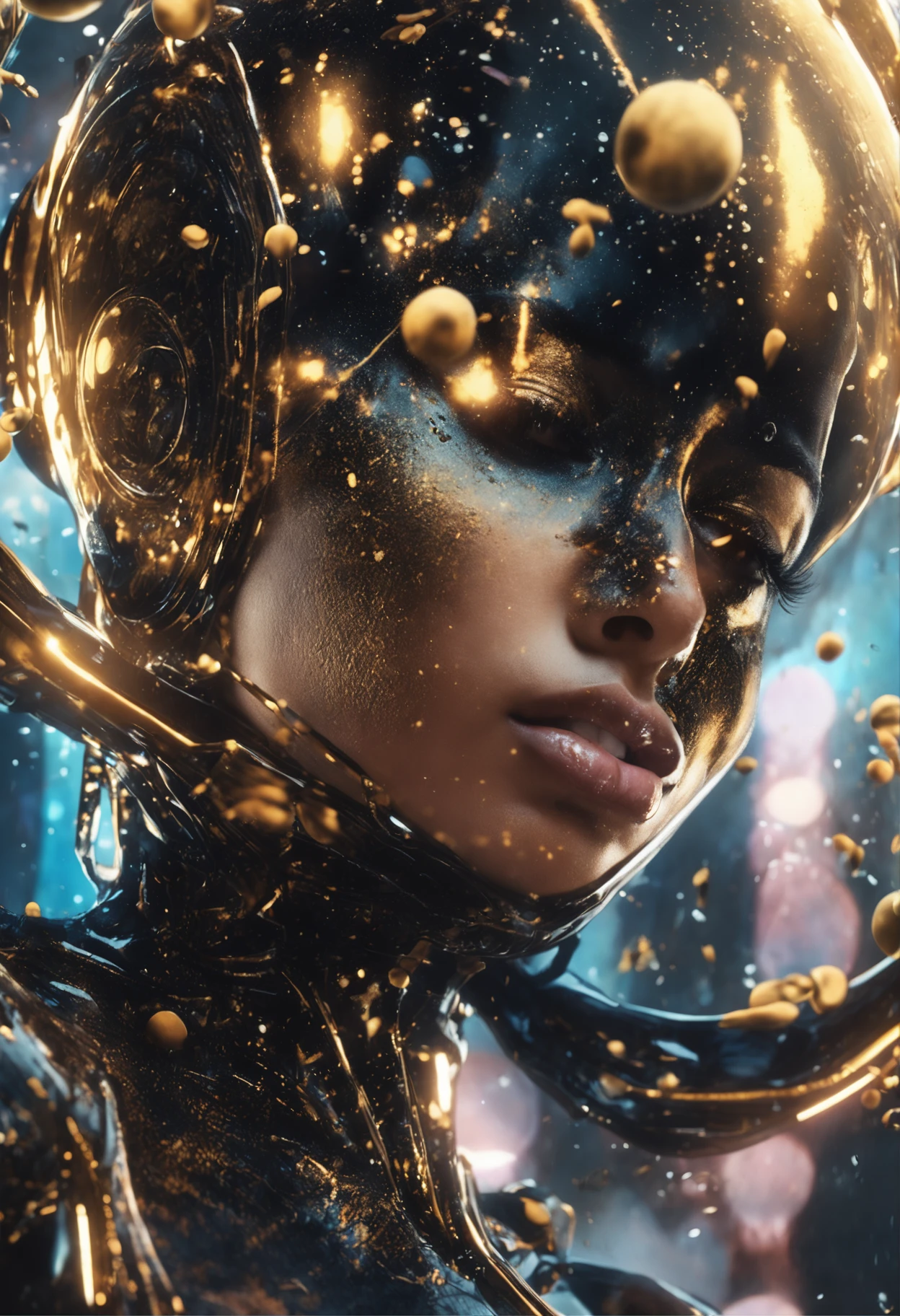 close up of a young woman wearing a black and gold liquid splash dress, pretty face, detailed eyes, soft lips, floating in outer space and planets in the background, fluid, wet, dripping, waxy, smooth, realistic, octane render