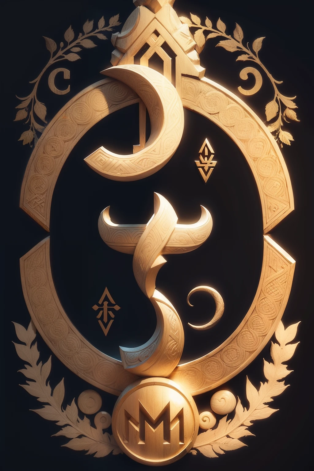 LETRA "M" WITH MYTHOLOGICAL SYMBOLS CARVED INTO A SIMPLE BACKGROUND, COM REFERENCIAS MITOLOGICAS