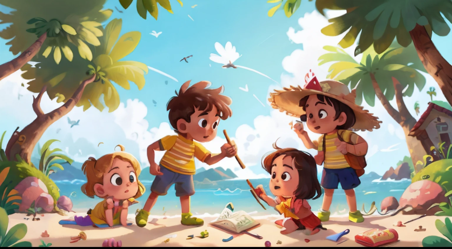 On a sunny day on Children's Island, Pedro, Sofia, Lucas e Isabela estavam brincando na praia. Eles cavavam na areia, they built castles and collected seashells. De repente, Pedro encontrou algo brilhante: a bottle with a piece of paper inside. Era um mapa do tesouro! Um "X" marcava um lugar misterioso. "Let's meet you together!" exclamou Sofia.