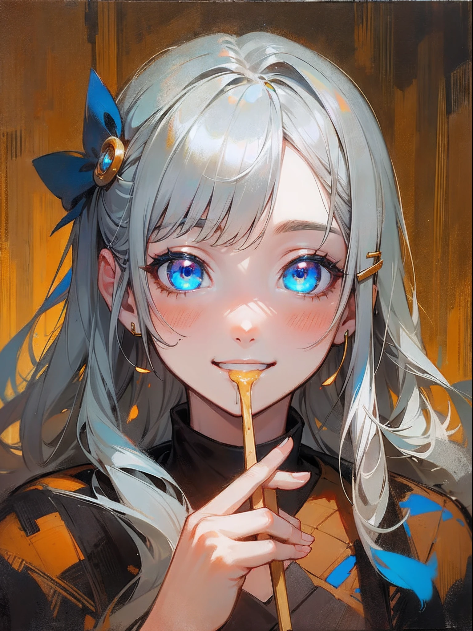 Single Portrait, infp young woman, Smile, Impression, (Oil Painting), Green and orange tones, Akari Konusei, hair pin, bright silver hair, Long hair, (Glowing blue eyes)、Eating skewers