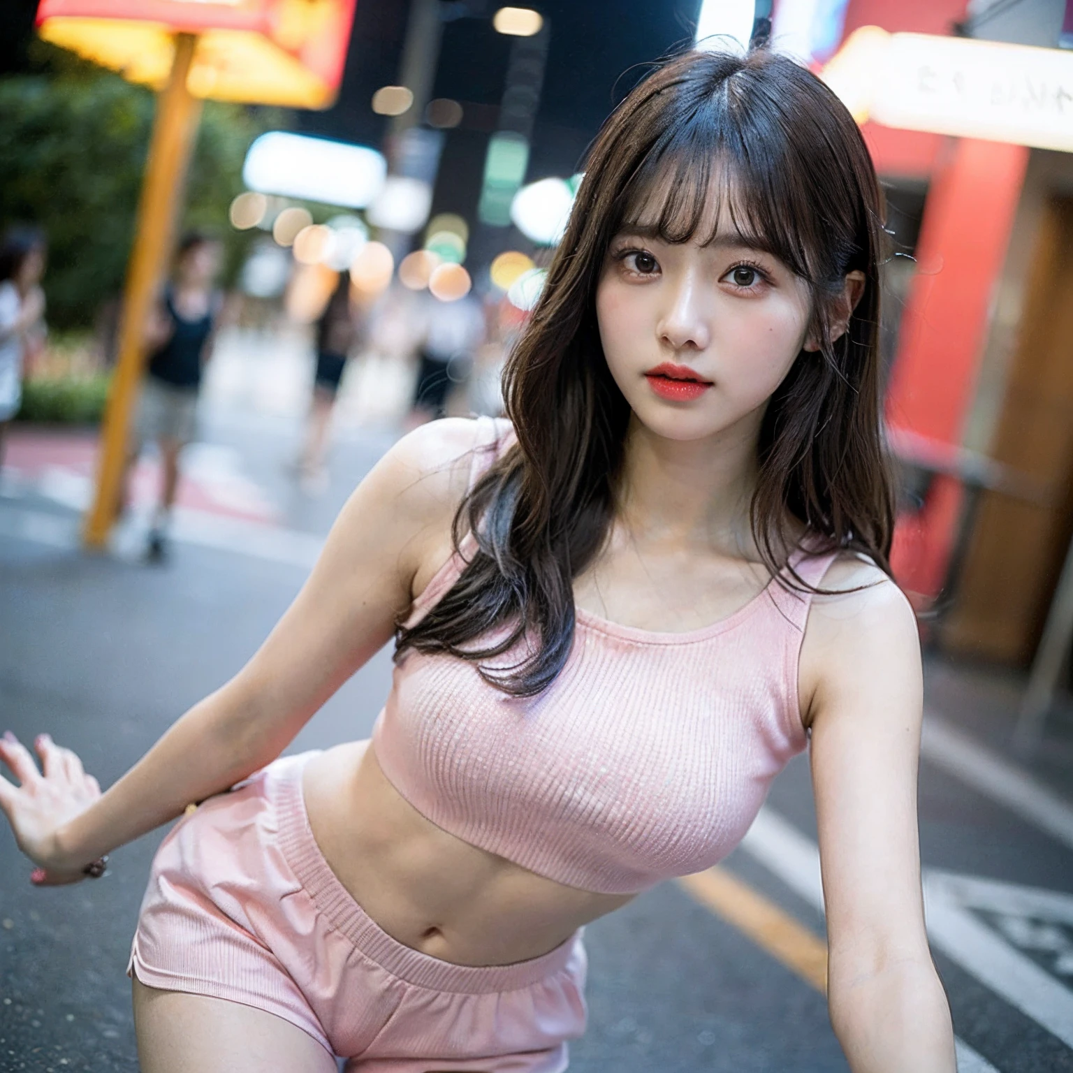 ((Best quality, 8k, Masterpiece :1.3)), 1girl, Pretty woman with slender abs, (Long hair, Ultra-detailed face, Detailed eyes, Double eyelid, pink color lips, short pants, super short short pants, korean girl, dynamic lighting, depth of field, leg pose, people crossing in background