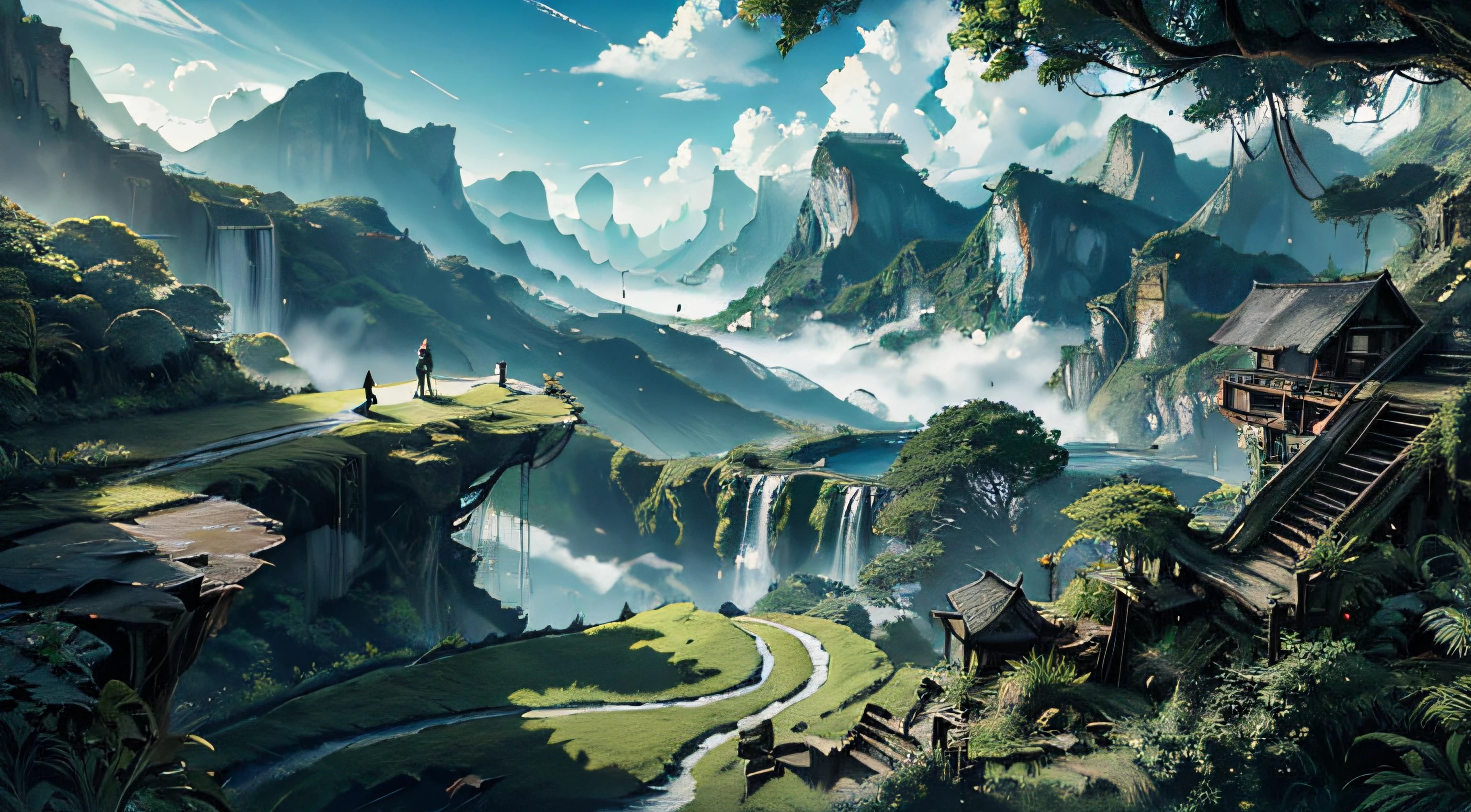 Magnificent landscape of rainforest, majestic waterfalls falling in dense vegetation, sunlight penetrating leaves, colorful birds flying in the sky, conveying a feeling of tranquility and renewal, photography, wide-angle lens, high resolution, (material), (4K), Best quality: 1.2, ((Amazing view: 1.2)), vast sky, beautiful skyline, mysterious forest, winding country roads, magnificent mountains, cliffs, dramatic graphics, moving visuals, colorful natural light, night falls. Short-sleeved top, shorts, man with sports backpack on back, fantasy art,