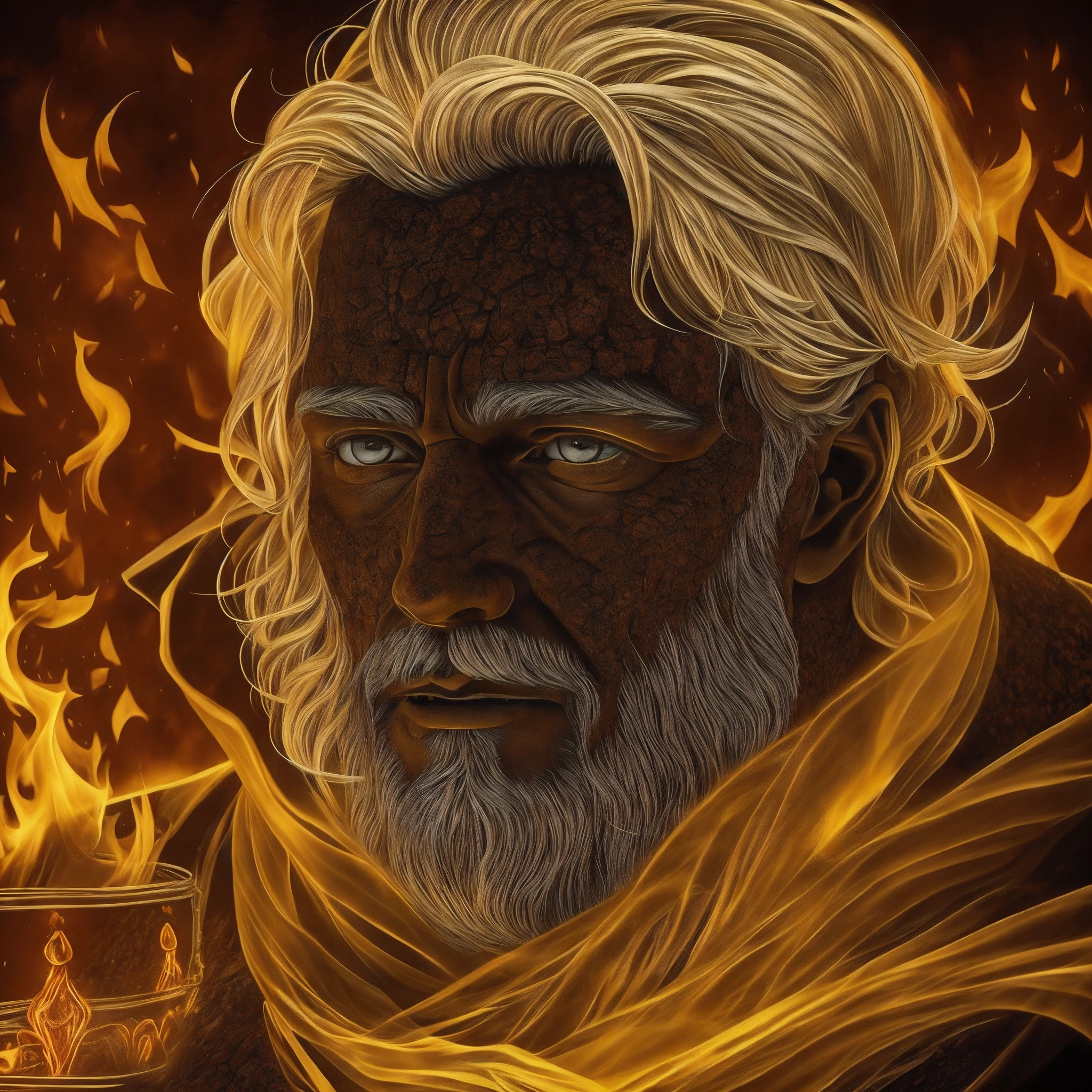Drawing, fantasy, realism, detail, dynamism of movements, portrait, man frozen in lava, detail, covered with ash (detailing), man 30 years old, covered with lava, yellow eyes visible, fire, frozen lava, cave, clarity 8 k