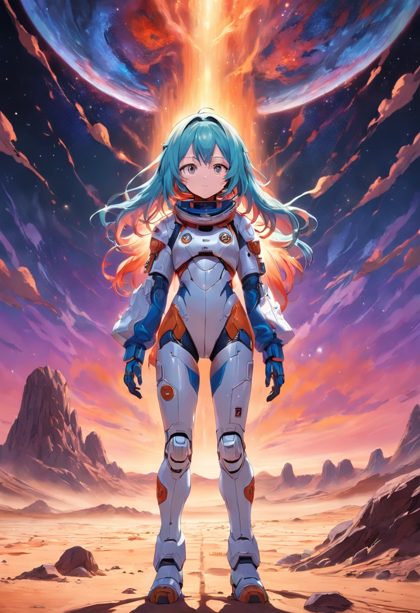 full body, mid shot, centered, concept art, 1girl, wearing astronaut suit, award-winning masterpiece, rendered in anime style with an oil painting effect. (The vibrant illustration captures horror in a cosmic atmosphere. The wide shot of the desert location is showcased in high definition and astonishing 64K resolution), panoramic