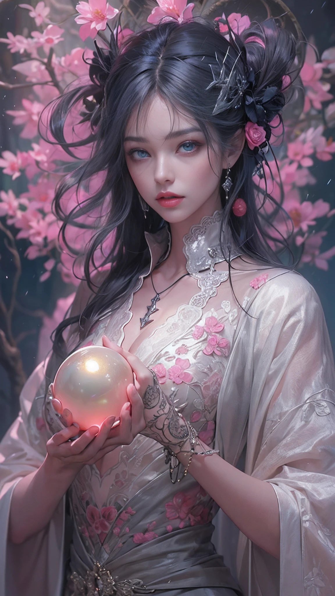 official art, unity 8k wallpaper, ultra detailed, beautiful and aesthetic, beautiful, masterpiece, best quality, Dark, atmospheric, mystery, romanticism, macabre, literature, art, fashion, Victorian, ornamental, intricate, ironwork, lace, brooding, emotional depth, supernatural, (ultra Detailed scene) , (masterpiece) , pretty girl , white thin robe , thick leg , shaped body , shaped face , Both_of_eyes_are_same , blue eyes , full body close up , putting hand like pray while standing , dark pink lips , shaped nose and ears , black straight hair , silver crown , wind blowing through the hair, thousand pink blossom twirling her like storm , ruined pray stone with rune and symble on it , has old rune as black tattoo on her neck to arm , mist under her feet , 100 mini light balls around her , (high detailed face), (ultra pretty face) , black eyebrow , long white robe , dark scene , dark fantasy art style , magic , magic ball in her hand , pink glowing aura around her , pinkish scene ,(ultra detailed face),(ultra detailed magic shape) , (ultra detailed blossom)