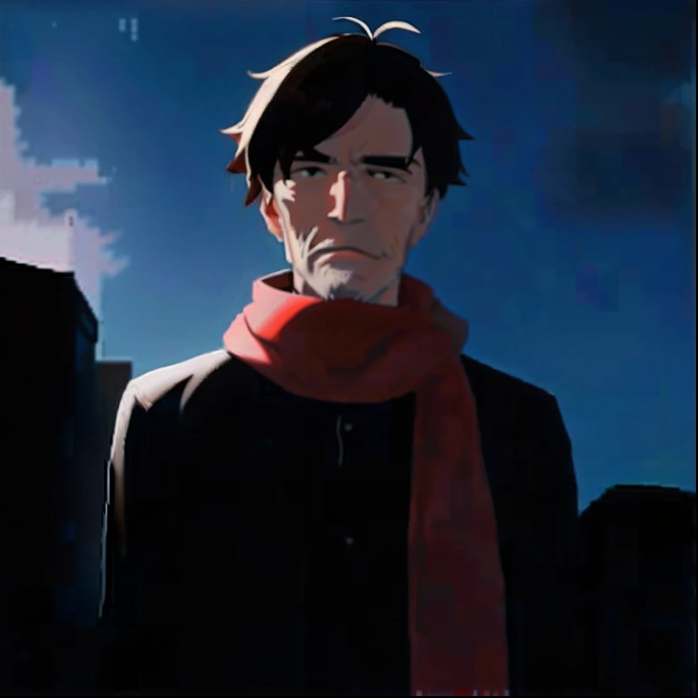 Pixel art of man wearing scarf and brown jacket, #pixelart:3, lofi portrait, Flat anime style, flat anime style shading, # pixelart, #pixelart, /r/pixelart, anime style character, visual novel sprite, he‘s wearing a red scarf, in an anime style, portrait pixel art drawing, young anime man, pixelart