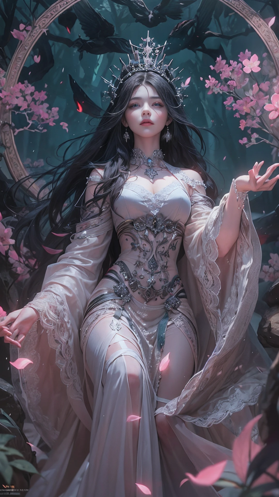 official art, unity 8k wallpaper, ultra detailed, beautiful and aesthetic, beautiful, masterpiece, best quality, Dark, atmospheric, mystery, romanticism, macabre, literature, art, fashion, Victorian, ornamental, intricate, ironwork, lace, brooding, emotional depth, supernatural, (ultra Detailed scene) , (masterpiece) , pretty girl , white thin robe , thick leg , shaped body , shaped face , Both_of_eyes_are_same , blue eyes , full body close up , putting hand like pray while standing , dark pink lips , shaped nose and ears , black straight hair , silver crown , wind blowing through the hair, thousand pink blossom twirling her like storm , ruined pray stone with rune and symble on it , has old rune as black tattoo on her neck to arm , mist under her feet , 100 mini light balls around her , (high detailed face), (ultra pretty face) , black eyebrow , long white robe , dark scene , dark fantasy art style , magic , magic ball in her hand , pink glowing aura around her , pinkish scene ,(ultra detailed face),(ultra detailed magic shape) , (ultra detailed blossom)