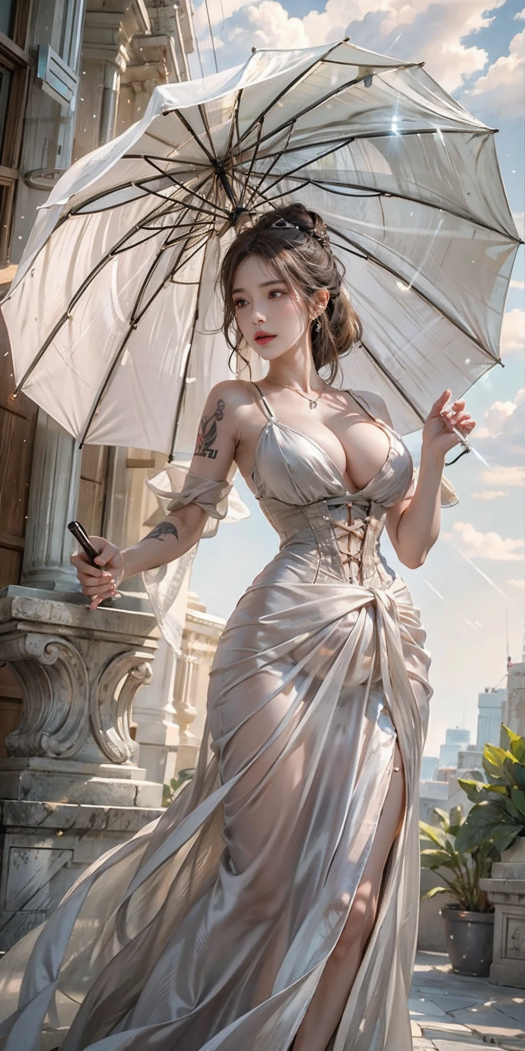 photorealistic, high resolution, soft light,1women, solo, hips up, shining skin, (detailed face), jewelry, tattoo, corset, dress, umbrella, huge breasts, wavy hair