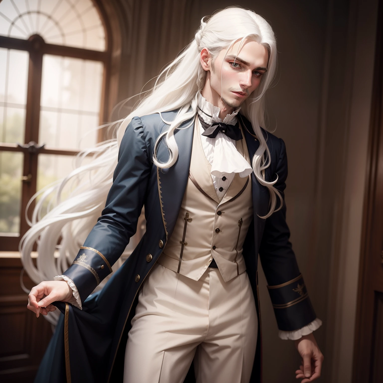 A young man with long white hair, dressed a Victorian men's costume.