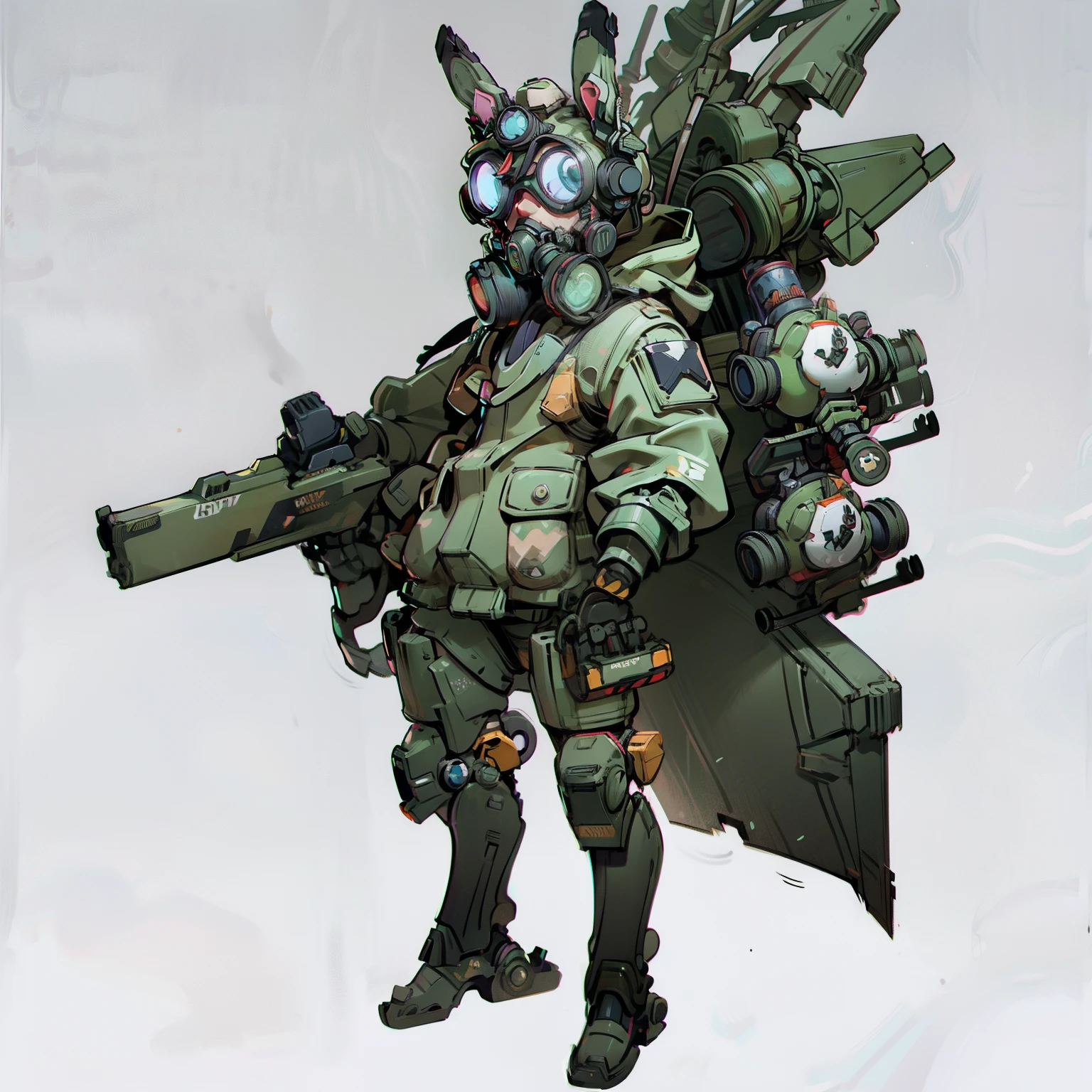 masutepiece, Best Quality, ((Full body shot)), No background, White background, a gas mask, Robot goggles, headphones, mechanical bunny hat, Military, male, boots, camouflage, Chibi