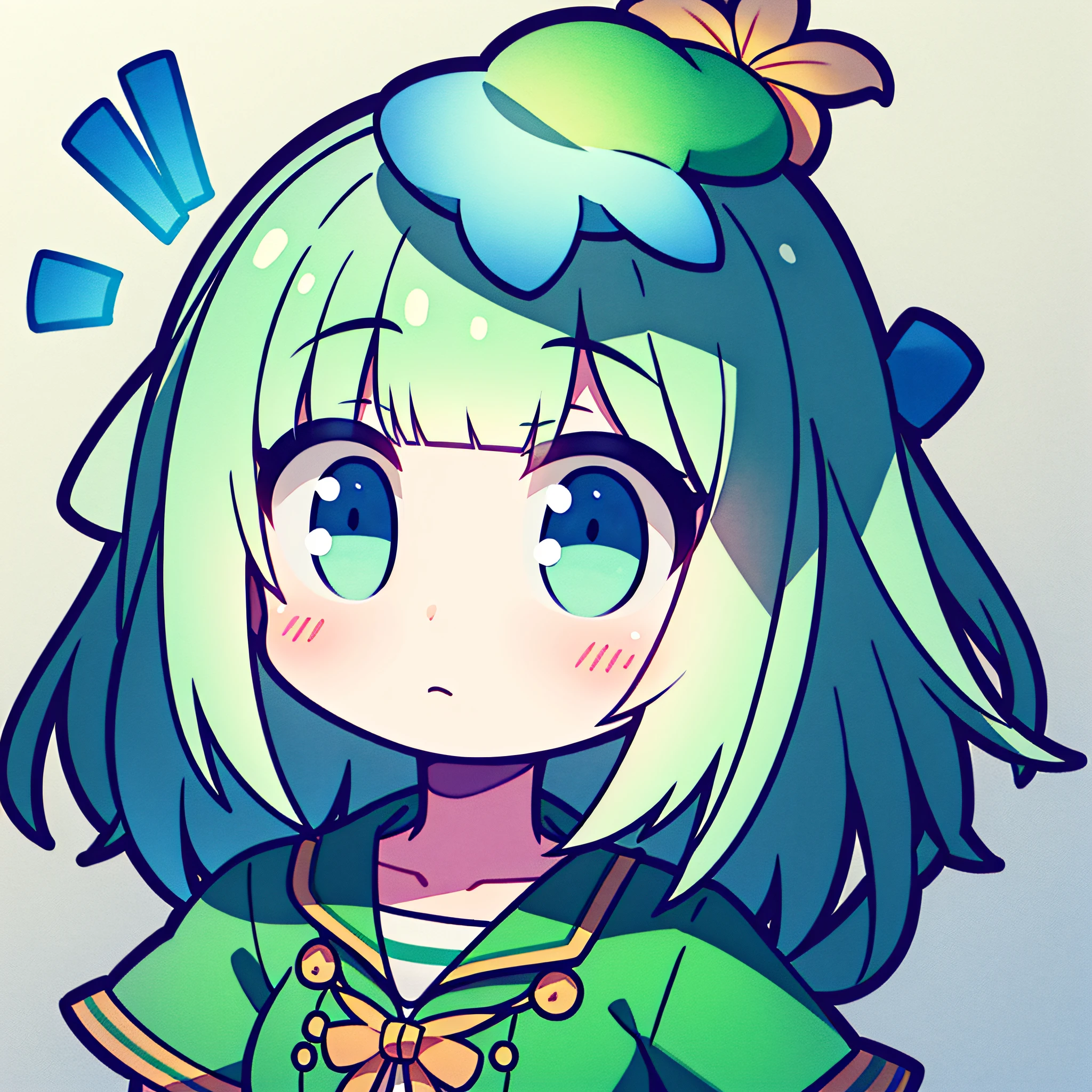 fish on the head, solo, 1 girl, looking at viewer, upright, concept art, blunt bangs, white background, simple background, white hair, green gradient hair, short sleeves, watercolor pencil, expressionless, blush, virtual youtuber