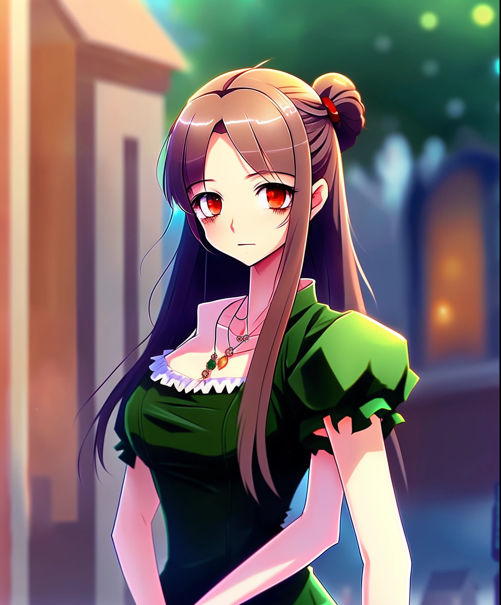 Long black hair, Green eyes, Black dress, graveyard, Beautiful anime style girl all over, clean detailed faces, goth clothes, Glowing shadow, beautiful gradation, Depth of field, Clean image, High quality, High details, High definition, Luminous Studio graphics engine, Beautiful