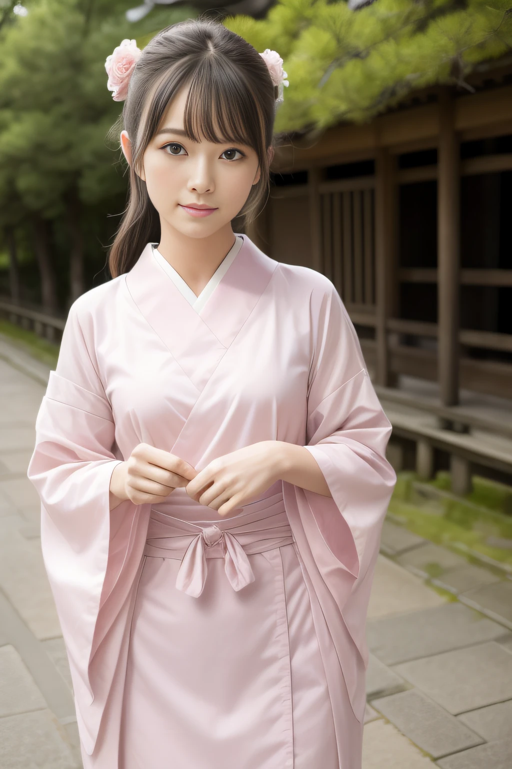 High quality、masutepiece、超A high resolution、(Photorealistic:1.4)、Kyoto Beauty、japanes、Japan Dress、skirt by the、(Thin eyebrows:0.2)、(thin lipss:0.8)、(small nose:0.8)、Appearance without makeup、walk、cowboy  shot、(the perfect body:1.2)、(small nipple:0.7)、Kyoto background、By Michelangelo、ulzzang -6500-v1.1