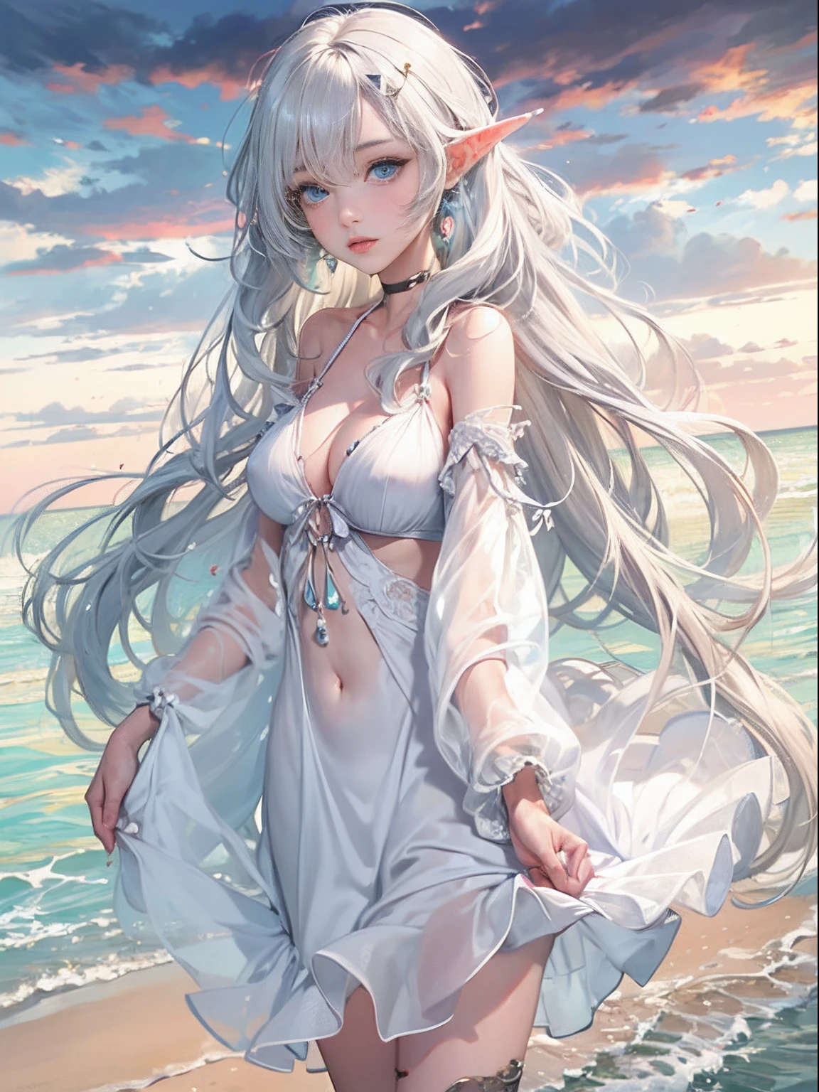 Mysterious sandy beach、the setting sun、Elven Girl、ears are pointed、Hair fluttering in the wind、Raking up your hair、Put a conch shell to your ear、Wet white dress、wetted skin、Colossal tits、sensual breasts、 Hi-Res、Shaded face、Blue eyes、Ash gray hair、Sunset from behind
