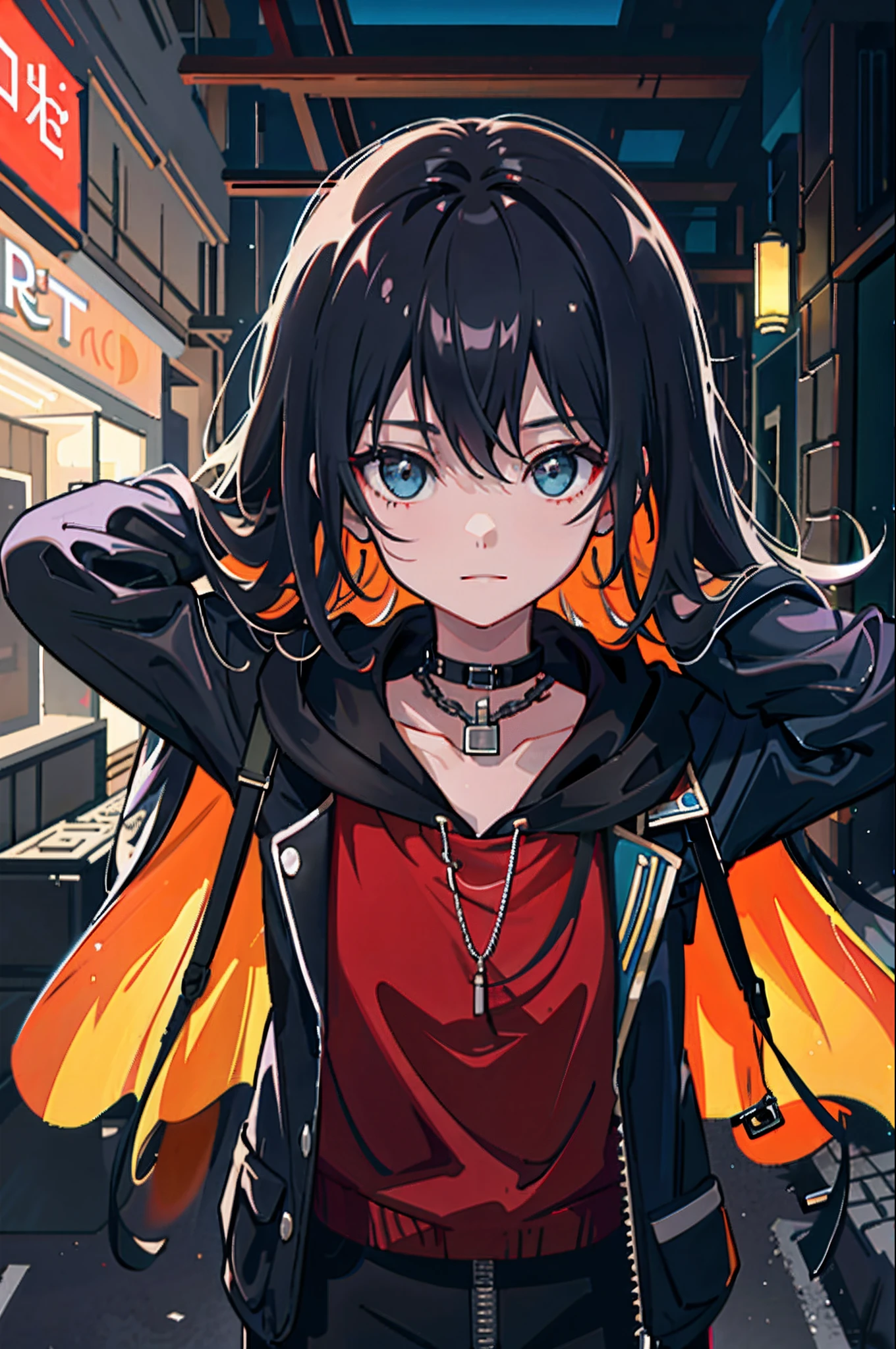 1girll,jaket,Sateen,nighttime scene,neonlight,hoody,Open jacket,chain,backpacks,Look at the other person,messy hair,Trends on ArtStation,8K分辨率,The is very detailed,anatomically correcte,Sharp images,digitial painting,concept-art,Trends on pixiv,Estilo de Makoto Shinkai,Complex street scene,Lovely face,A half body,depth of fields
