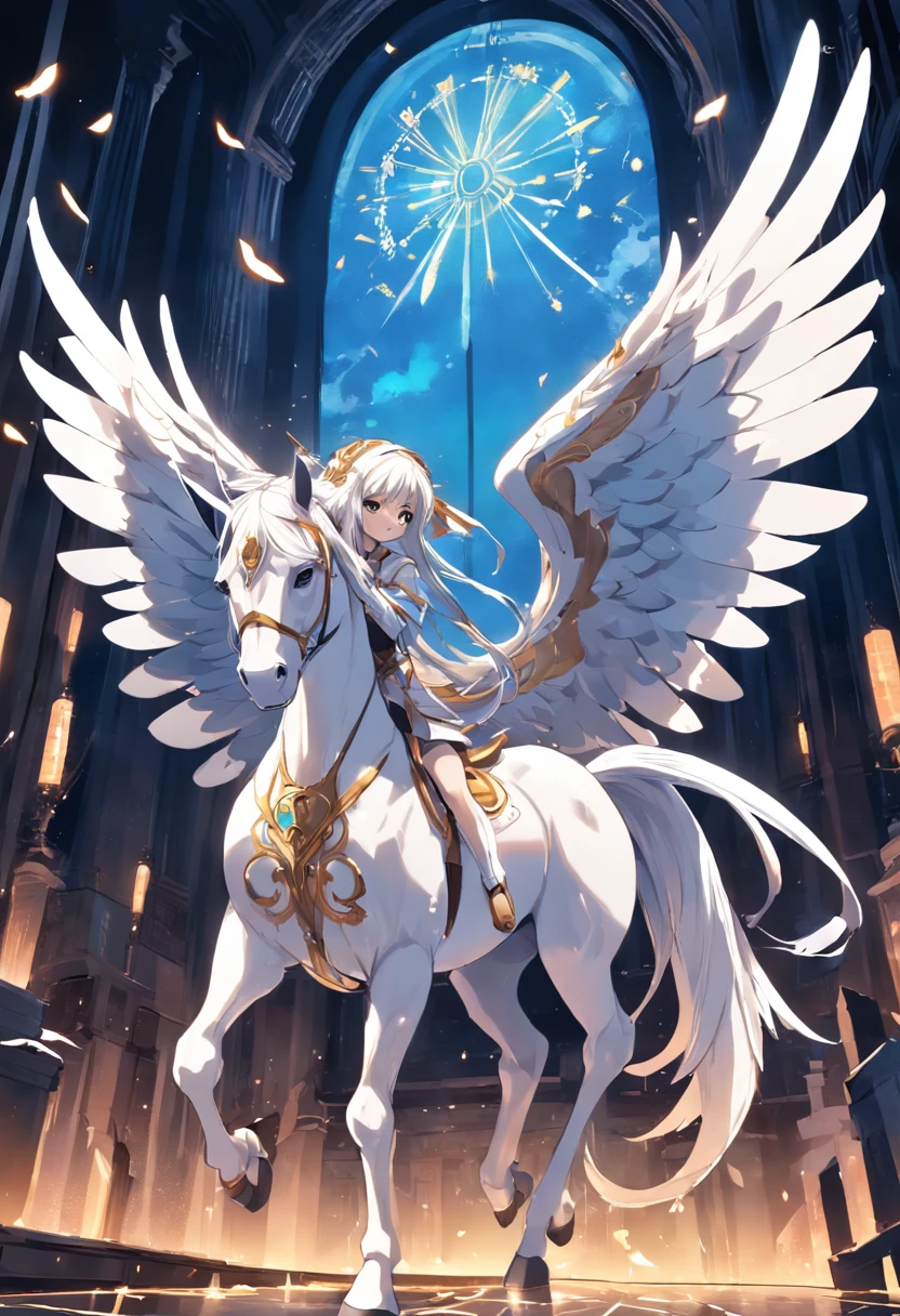 blueprint A majestic pegasus with wings spread flies gracefully through the sky. Items and gear listed on the side: - White winged horse - Flowing mane and tail - Saddle and reins