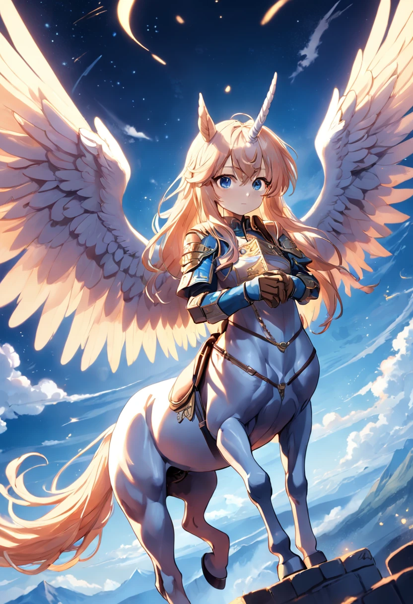 blueprint A majestic pegasus with wings spread flies gracefully through the sky. Items and gear listed on the side: - White winged horse - Flowing mane and tail - Saddle and reins