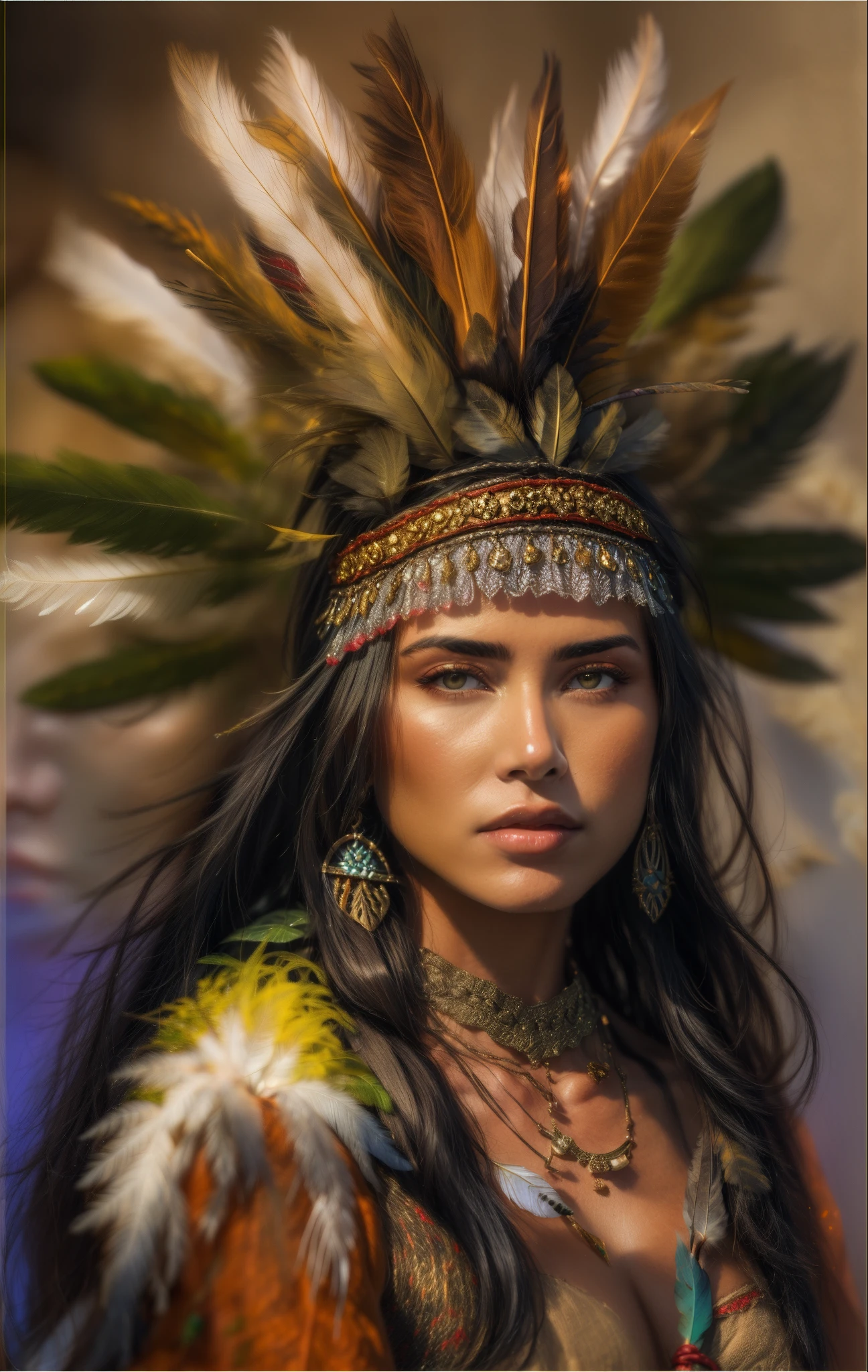 Arafed woman with feathers and feathers on her head, Beautiful young shaman, she is dressed in shaman clothes, a young female shaman, retrato de princesa asteca, : native american shamen fantasy, Retrato de uma jovem Pocahontas, corpo musculoso vestindo coroa de penas brilhantes, menina com penas, Retrato de Pocahontas, Nativo americano, lighting dramatic