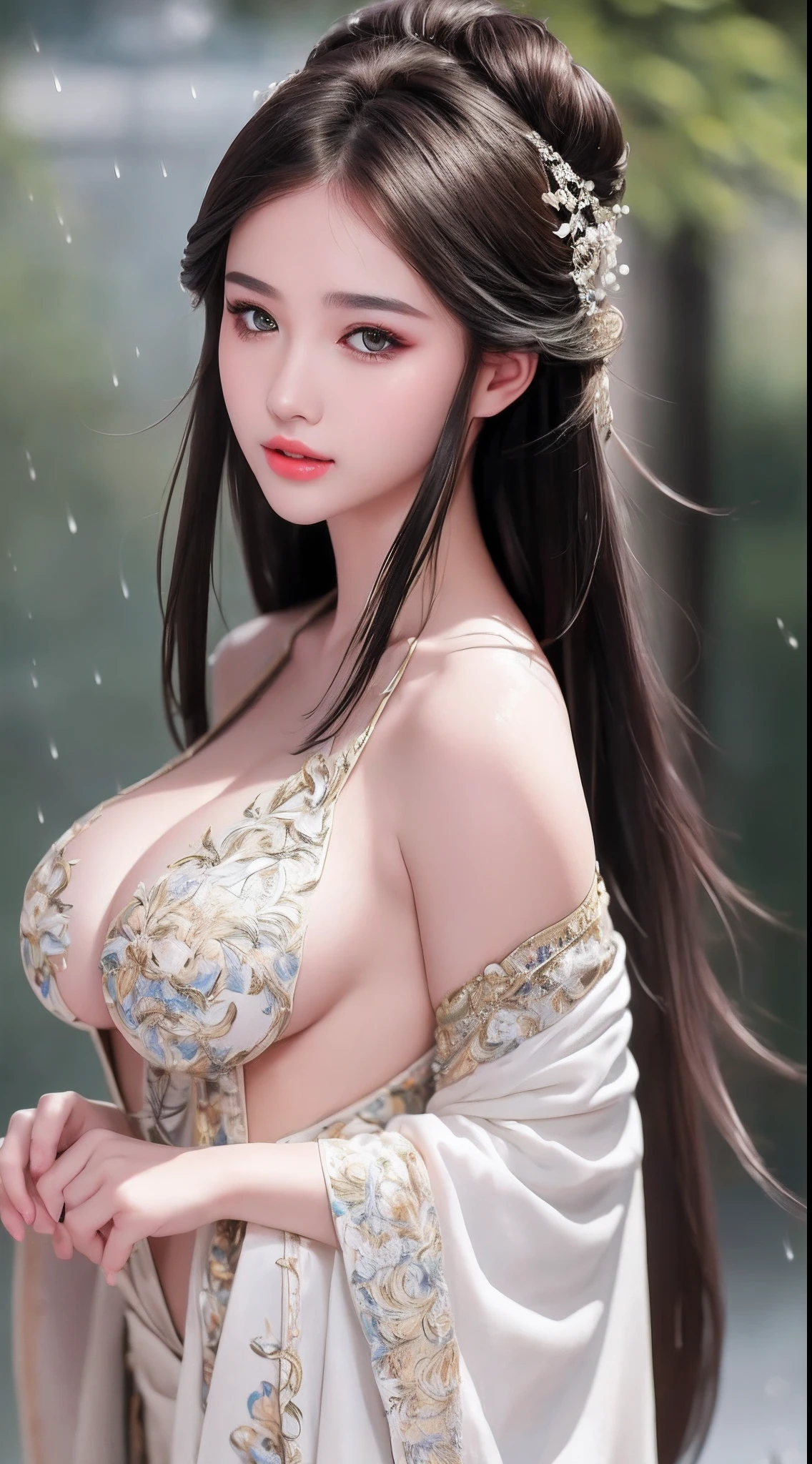 ((Best Quality, 8k, Masterpiece: 1.3)), Focus: 1.2, Perfect Body Beauty: 1.4, Buttocks: 1.2, ((Layered Haircut)), (Wet Clothes: 1.1), (Rain, Street:1.3), (Breasts: 1.2), (Hanfu: 1.2), Bare Shoulders, Bare Legs, Highly Detailed Face and Skin Texture, Fine Eyes, Double Eyelids, Whitened Skin, Long Hair, (Shut Up: 1.5), (Bokeh Background: 1.5), Big Breasts