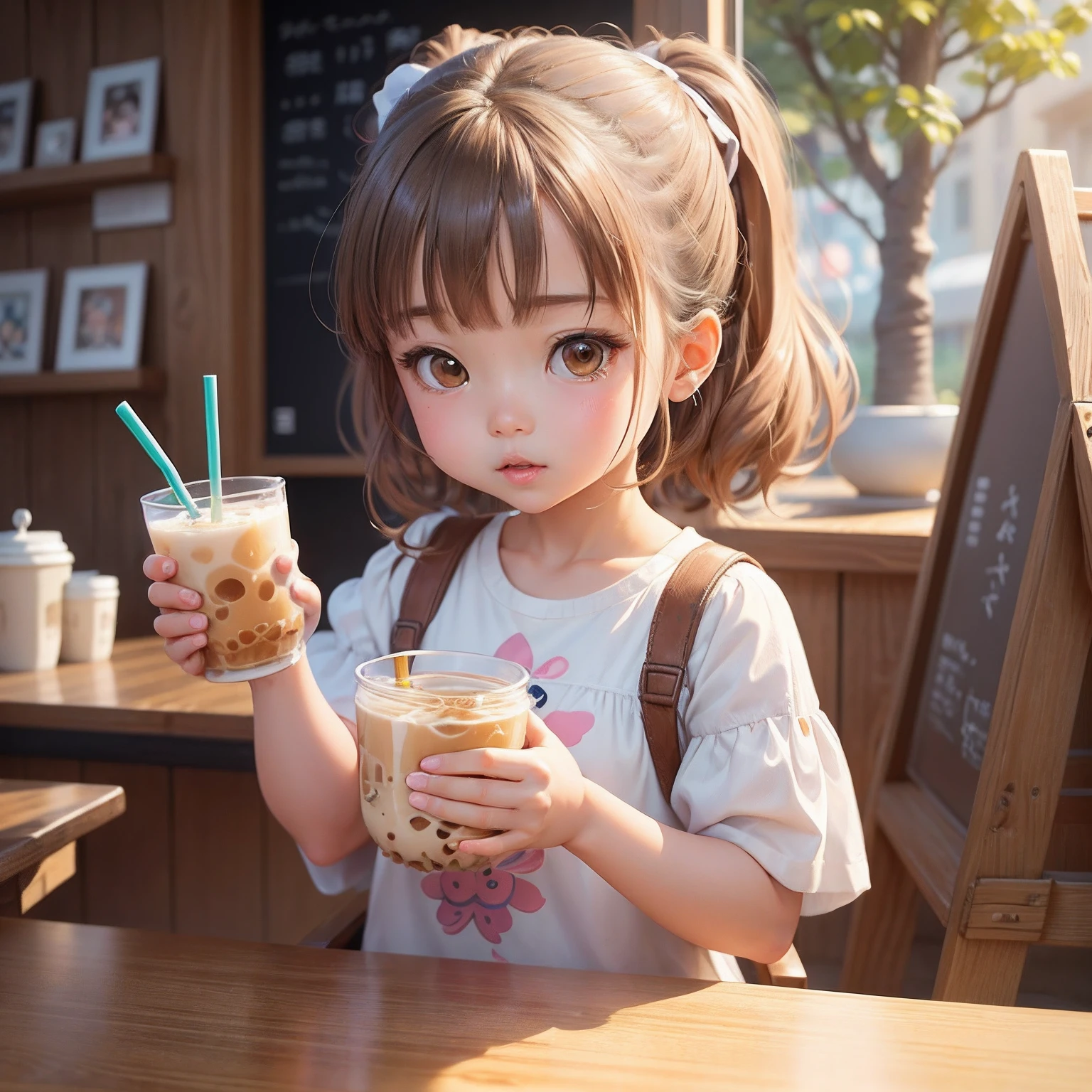 masterwork　。.。.。.3D ，Close-up of children drinking milk tea in a milk tea shop, lovely digital painting, Cute detailed digital art, adorable digital art, Cute cartoon character, Realistic cute girl painting, cute detailed artwork, Beautiful character painting,digital cartoon painting art, Cute cartoon,A girl in a fashionable outfit