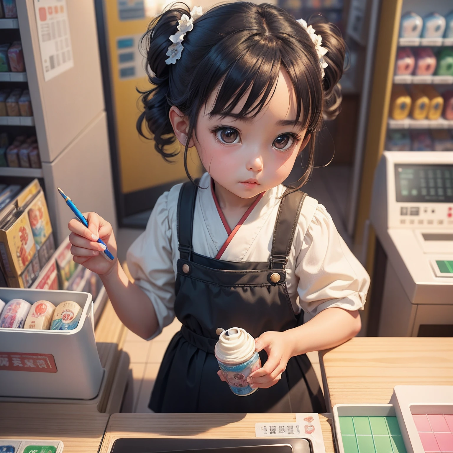 masterwork 。.。.3D ,Close-up of child at convenience store cash register, lovely digital painting, Cute detailed digital art, adorable digital art, Cute cartoon character, Realistic cute girl painting, cute detailed artwork, Beautiful character painting,digital cartoon painting art, Cute cartoon,A girl in Hanfu