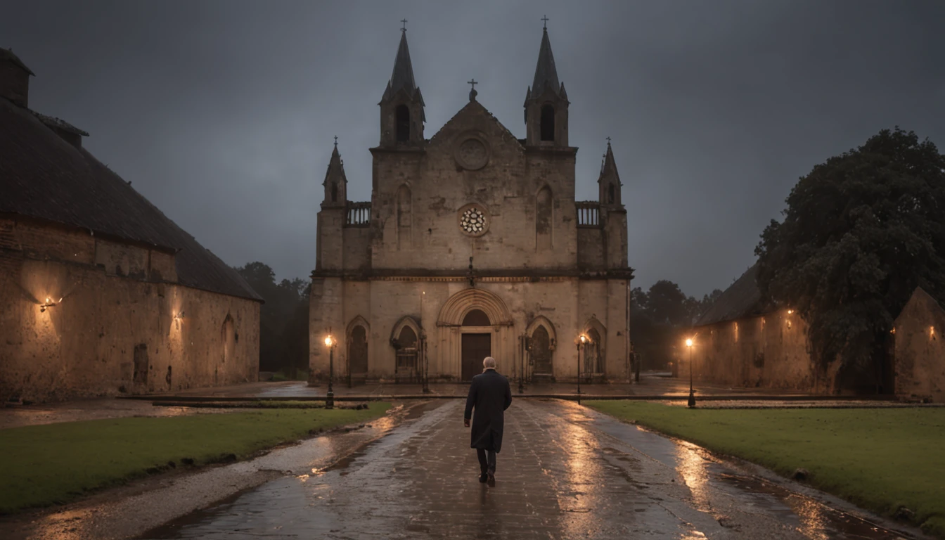 "Some people are walking in a straight line at nighttime inside an old church during a cloudy and rainy shower,back view