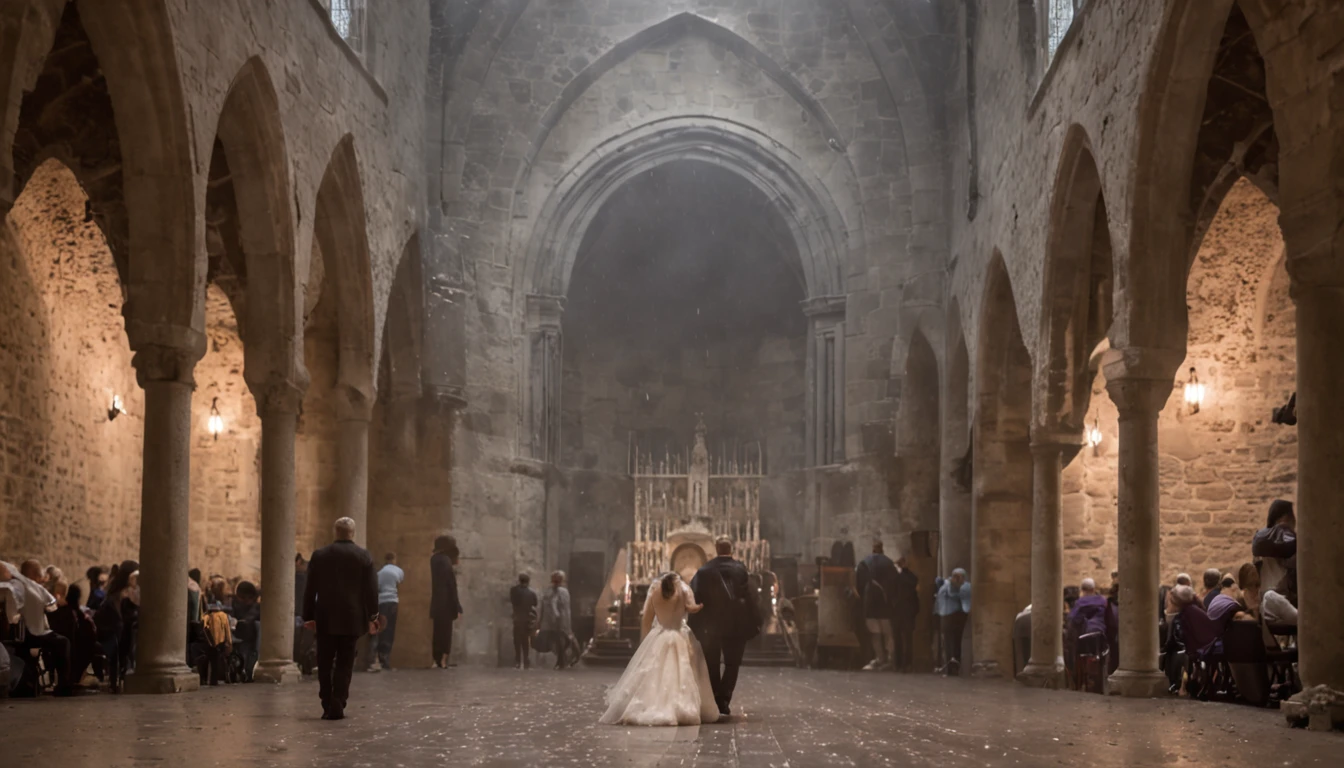 "Some people are walking in a straight line at nighttime inside an old church during a cloudy and rainy shower,back view