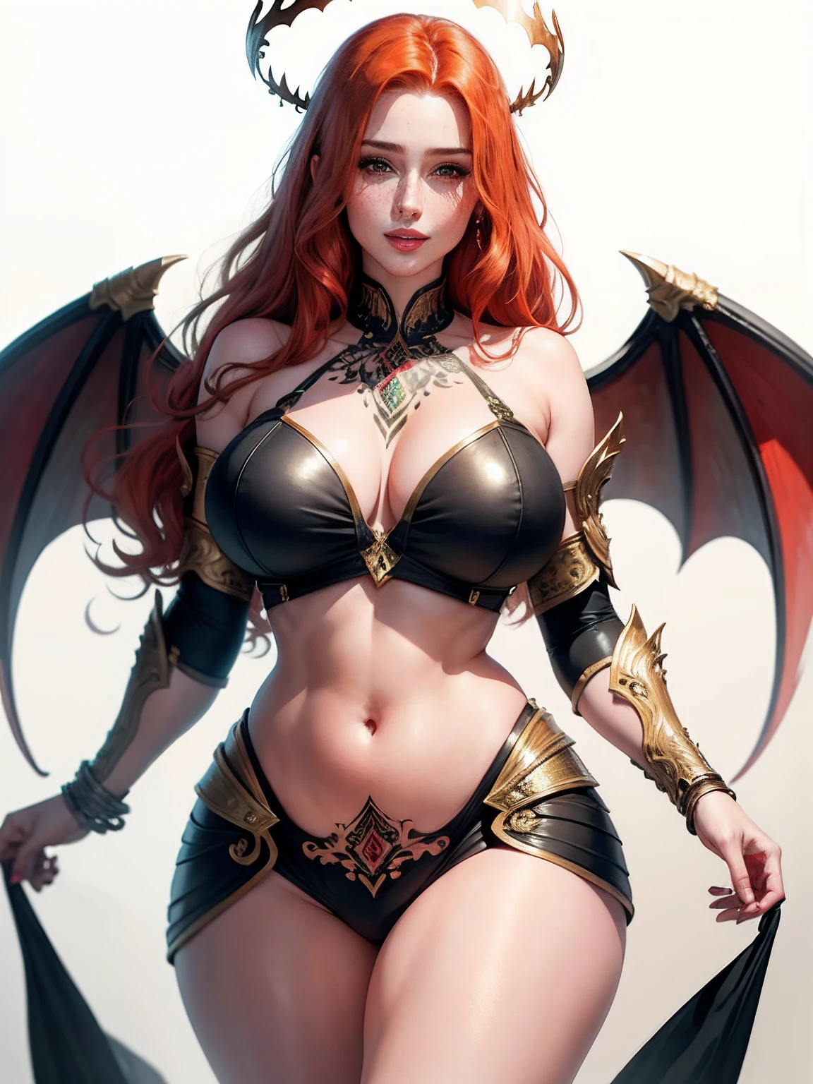 Hand drawn illustration of a handsome woman with red hair, Green eyes, Symmetrical demon wings, Leather armor, Halo, illustration, watercolor sketch, (Best quality)), detail intricate, Pakistani, belly out, thick lips with red lipstick, lightly made up and rosy cheeks, Female, Thin waist, Wide buttock, Thick legs, Sharply defined、Delicate body, Detailed skin, golden tribal tattoo, Big breasts, Smiling
