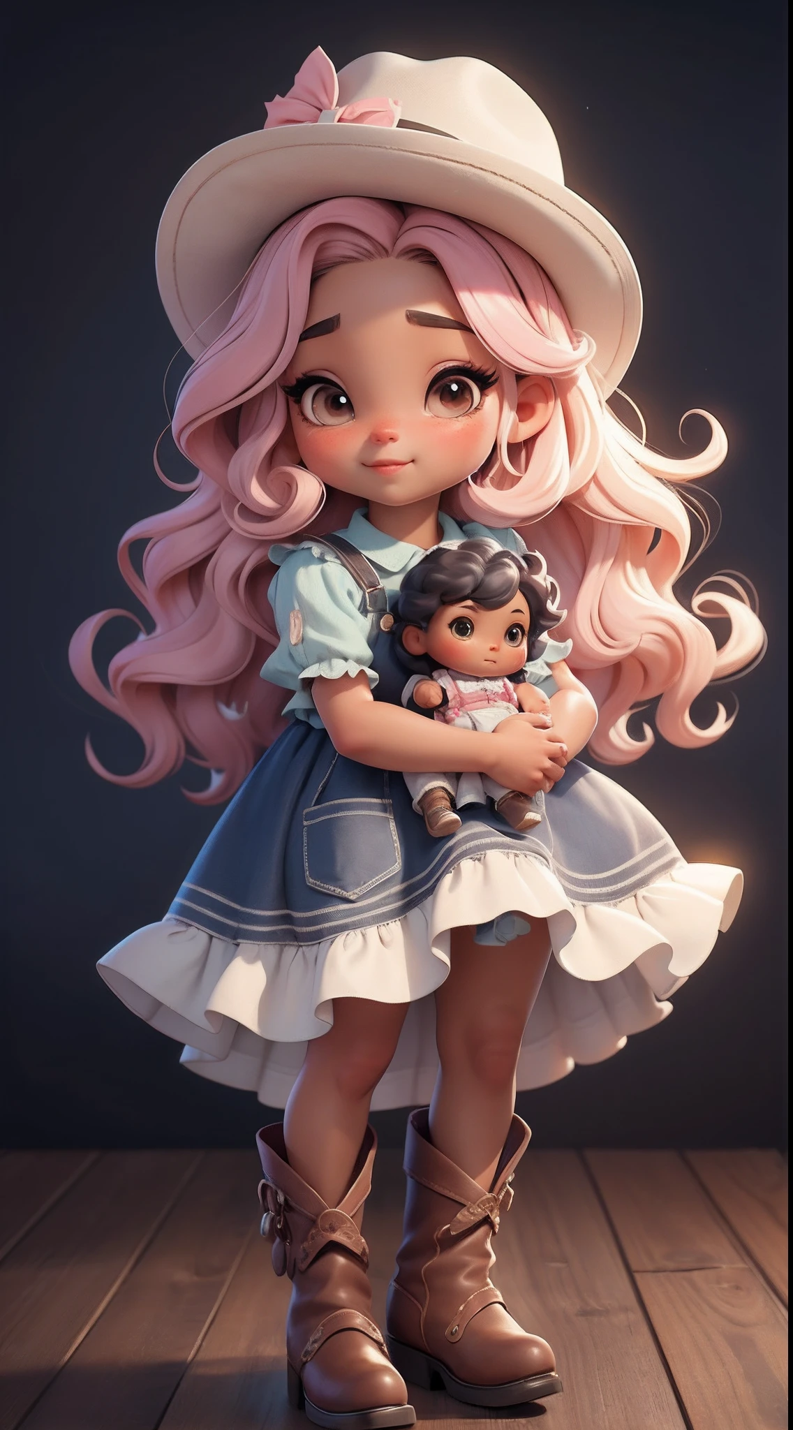 Create a series of dolls afro black skin chibi style cute with a cute cowgirl theme, each with lots of detail and in an 8K resolution. All dolls should follow the same solid background pattern and be complete in the image, mostrando o (corpo inteiro, incluindo as pernas: 1.5)
Boneca cowgirl: Chame-a de Mia. She should have medium wavy mixed hair. Seus olhos devem ser grandes e curiosos, with long eyelashes and slightly pinkish cheeks. Mia should be dressed in a delicate jumpsuit, cowboy boot and a polka dot blouse and a cowboy hat is cute. She must hold farm accessories. Add details like pockets and ruffles to the apron to make it even more charming, sapato bonito
Certifique-se de adicionar sombras, texturas e detalhes nos cabelos, roupas, Cute cowboy utensils, to make them even more adorable and charming.