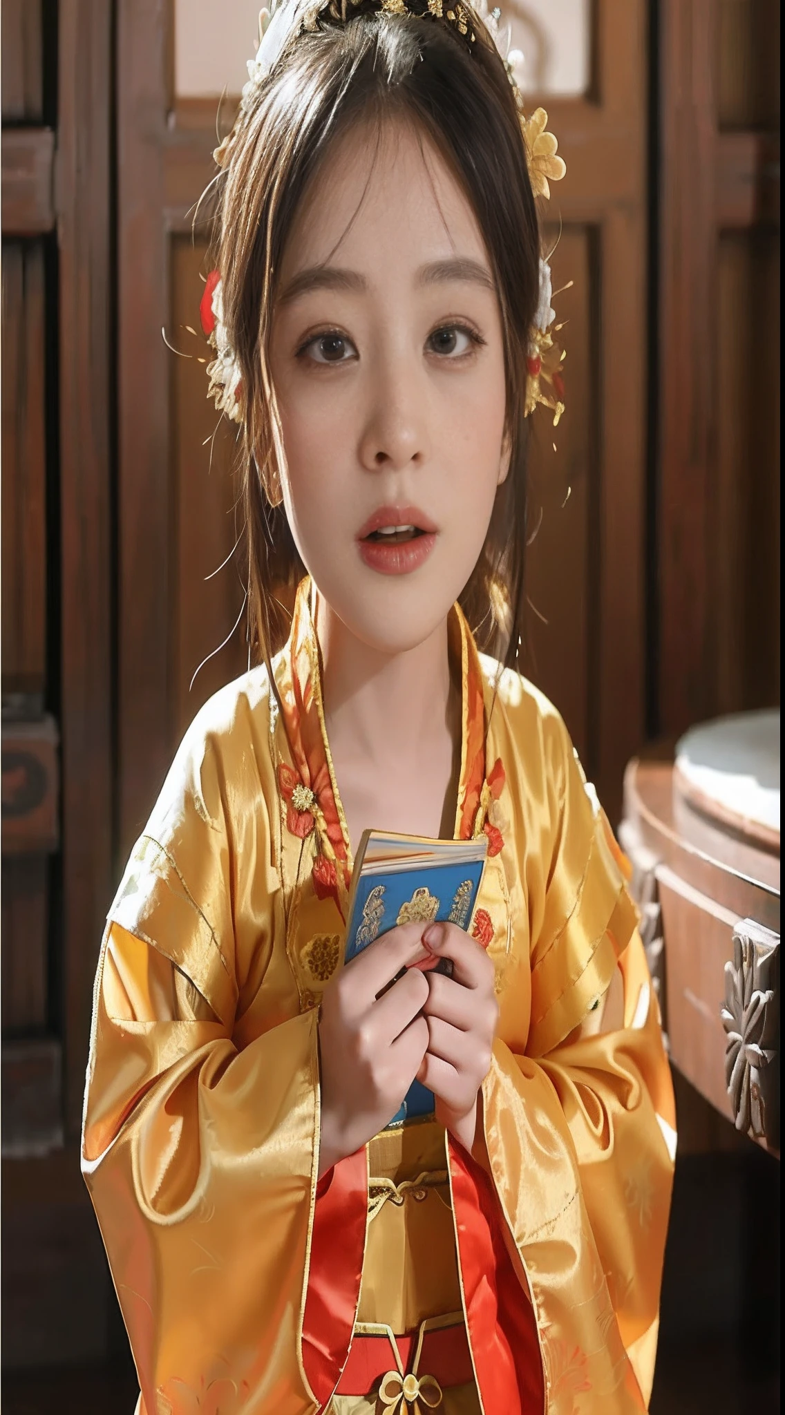 Close-up of a child in a yellow robe sitting on the floor, Traditional Chinese clothing, Chinese girl, with yellow cloths, Young Asian girl, Palace , A girl in Hanfu, Yellow robe, dressed in simple robes, Korean girl, Wearing ancient Chinese clothes, young goddess, yellow robes, Cute and lovely, Cute young girl, Cute little girl, cute beautiful