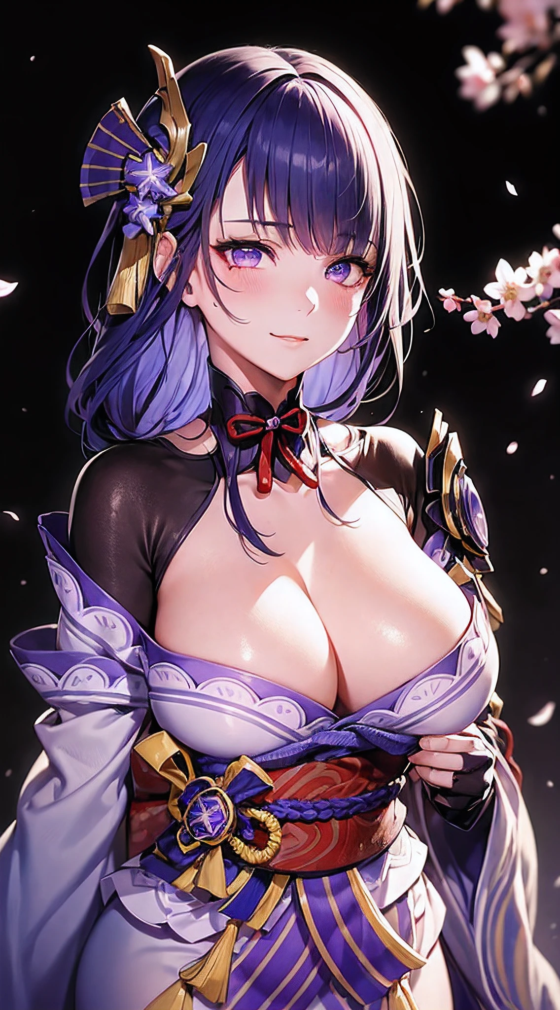 (masutepiece:1.5), the Extremely Detailed CG Unity 8K Wallpapers,(Realistic,Photorealsitic,hyper realisitic:1.5),(Curve,Model,glamor:1.5),Beautiful breasts,Farbe_aberration,beautiful detailed shadow,Beautiful eyes,Beautiful body,Beautiful skin,beautifull hands,
1gril, Solo, Beautuful Women, (Breast Focus), (Breasts out:1.1), medium breasts, plein air, cherry blossom, Wind-effect, Gradient Hair, Blue hair, Purple hair, lonely, Ray tracing, reflective light, Natural light, depth of fields, close-up, masutepiece, Best Quality, high details, High quality, acurate, Textured skin, nffsw, nffsw, (Blushing:1.2), Beautiful smile, (Beautiful eyes, Detailed eyes, Gradient colorful eyes, Glowing eyes:1.5), ((Raiden General:1.5)), Full body