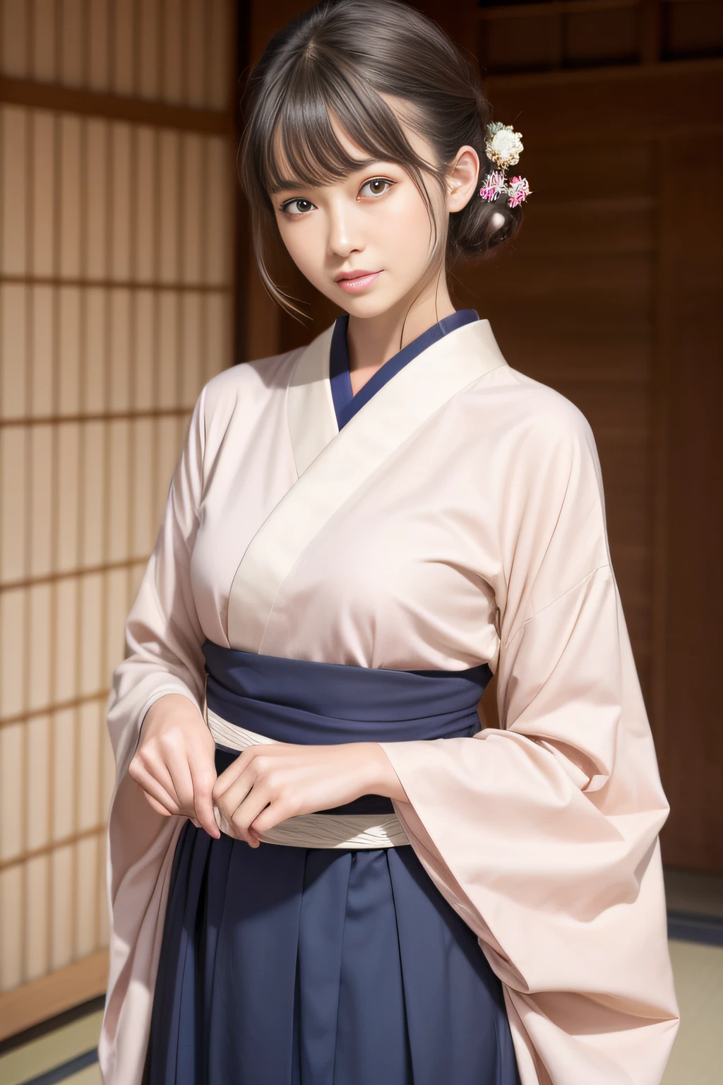 High quality、masutepiece、超A high resolution、(Photorealistic:1.4)、Kyoto Beauty、japanes、Japan Dress、skirt by the、(Thin eyebrows:0.2)、(thin lipss:0.8)、(small nose:0.8)、Appearance without makeup、walk、cowboy  shot、(the perfect body:1.2)、(small nipple:0.7)、Kyoto background、By Michelangelo、ulzzang -6500-v1.1