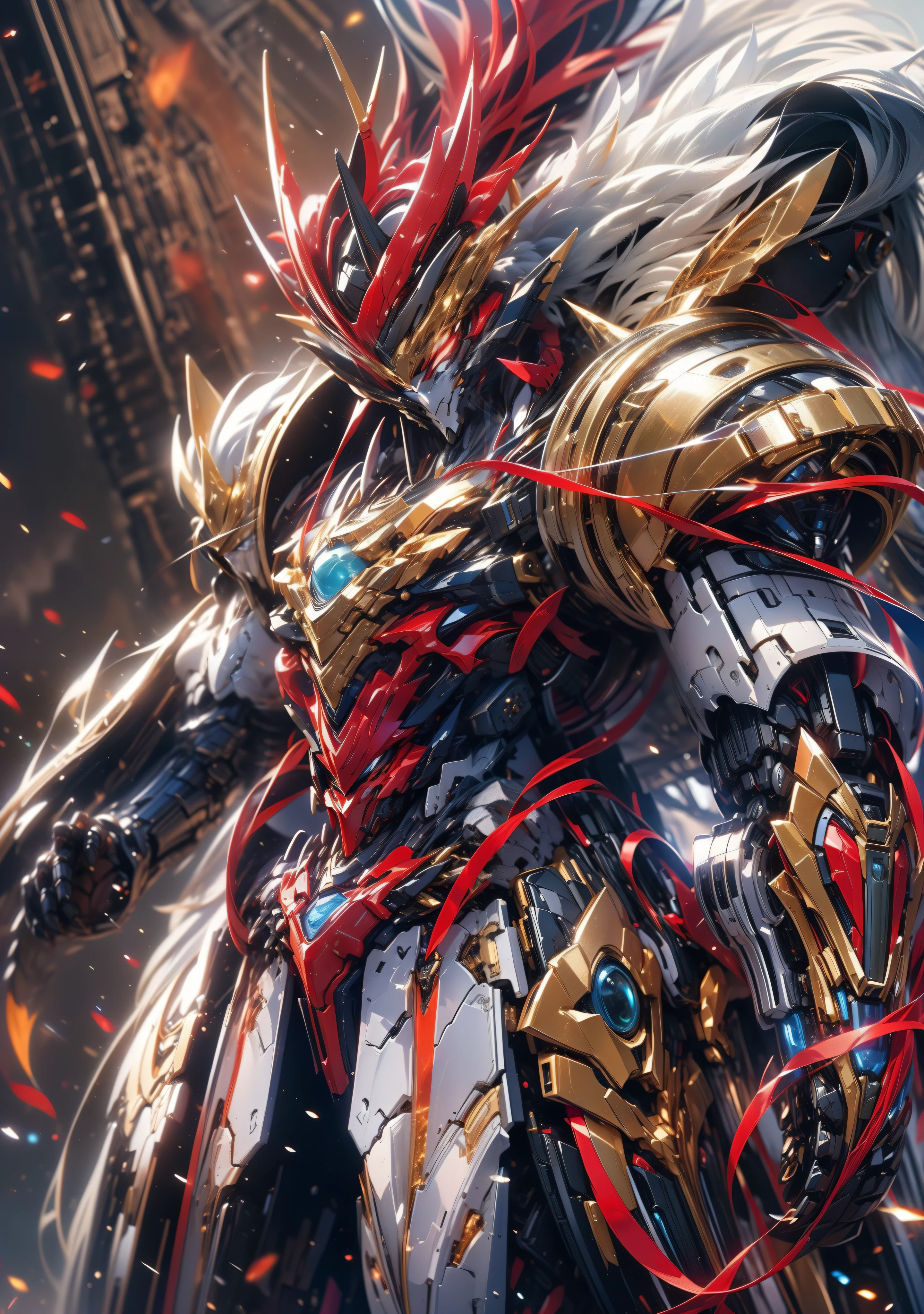 super wide shot, Full body frontal photo,Mecha male warrior，The heroic demeanor of the Three Kingdoms,《Mech color: Red and dark series》，（《Romance of the Three Kingdoms》，《Lü Bu》，Holding Fang Tian's halberd in his hand，），（Full body mecha）, Keqing from Genshin Impact, (Masterpiece) ， The best quality， High quality，Gold armor，电影灯光， （Exquisite future）， Beautiful and beautiful， Ultra detailed， great composition， Floating， Depth of field， （Very detailed CG，Unity 8k壁纸）， （Beautiful detail background）， dramatic lights， GOGETTA， Mecha，best qualtiy，Ultra-high 8K Ultra HD，digital SLR camera，high qulity，Film grain resolution，