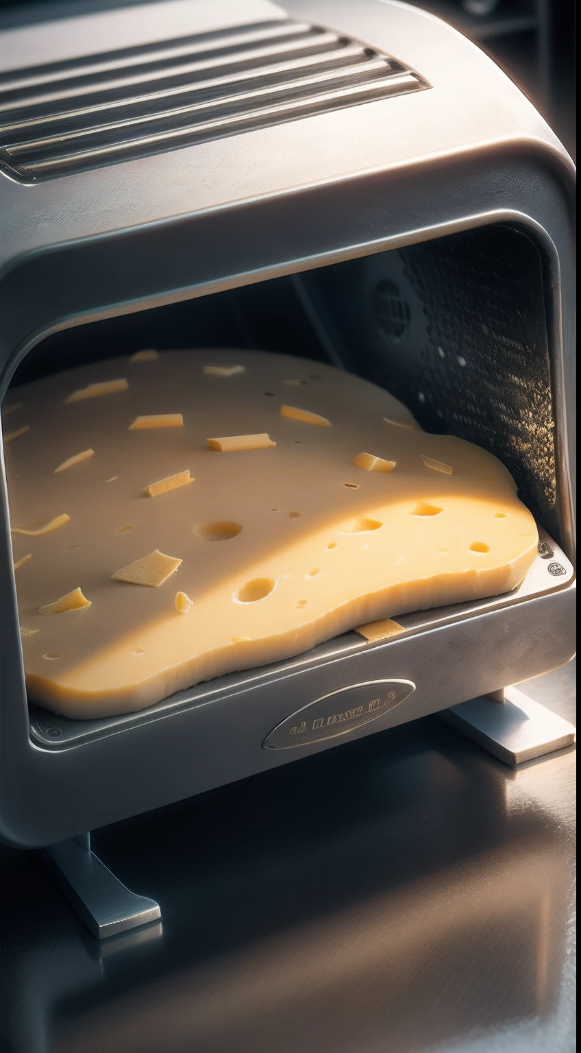 Low-angle lens of cheese grater, There is a pile of freshly grated cheese in the foreground.