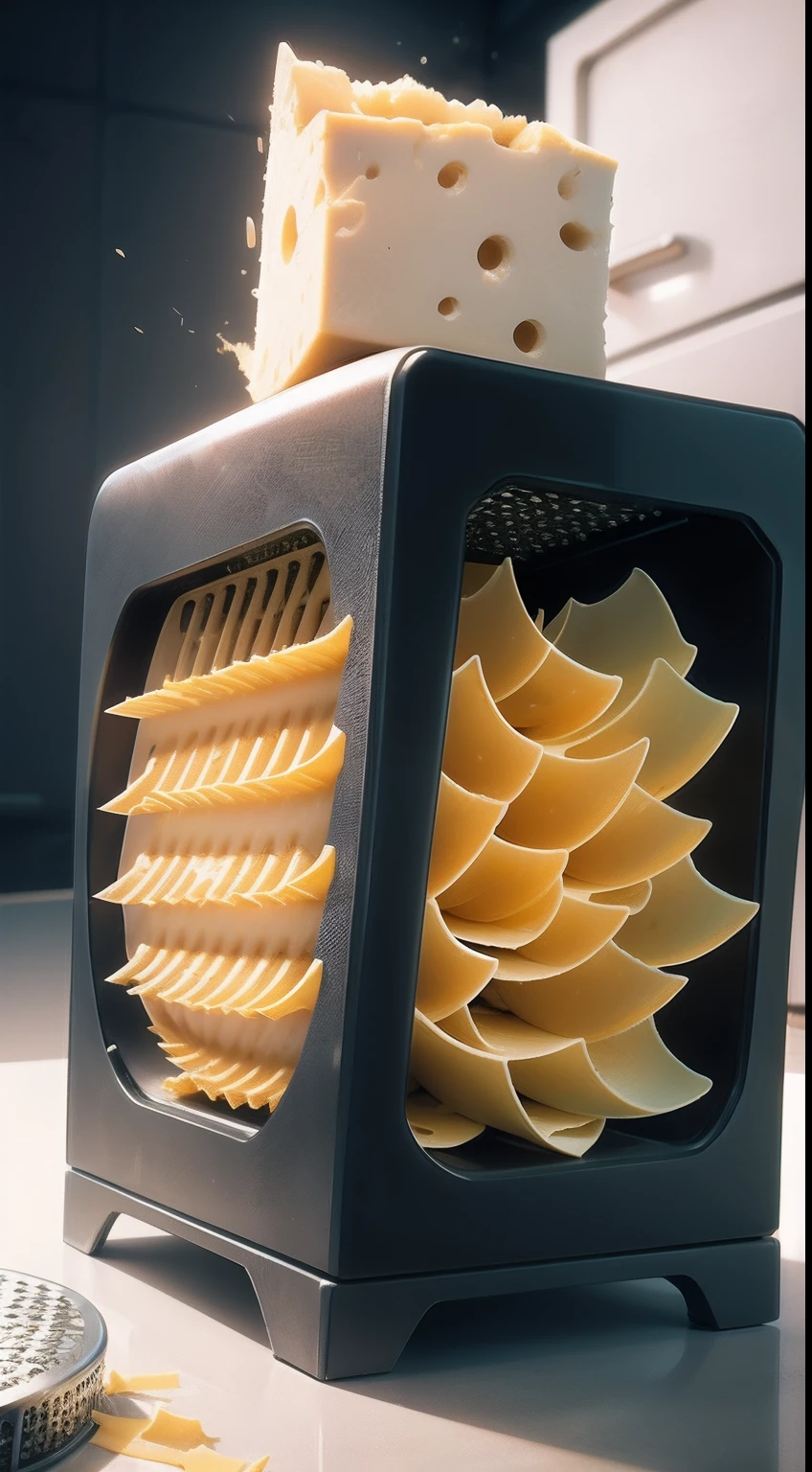 Low-angle lens of cheese grater, There is a pile of freshly grated cheese in the foreground.