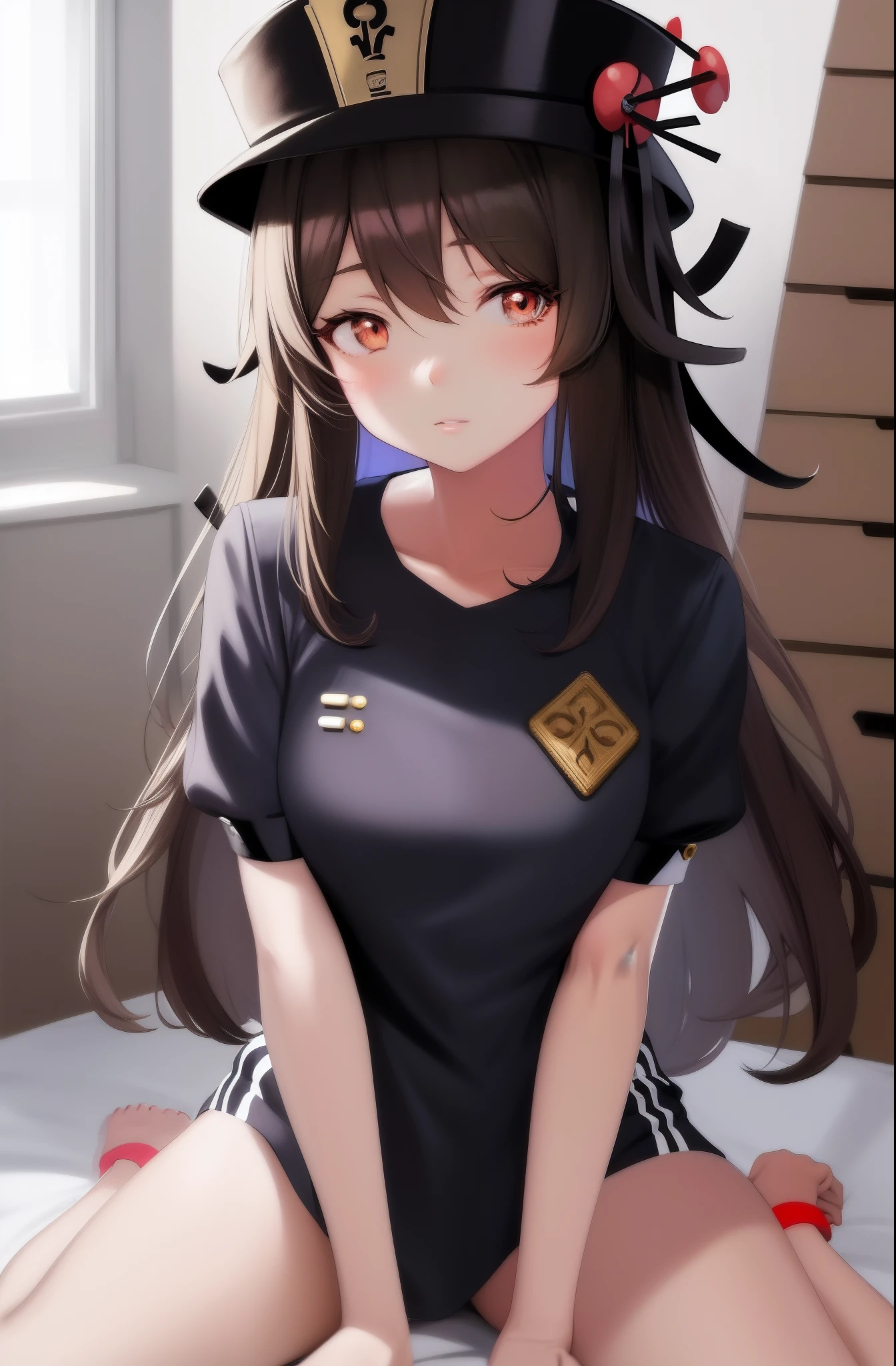 Anime girl sitting on bed in top hat, ilya kuvshinov with long hair, Marin Kitagawa fanart, Kantai collection style, Anime moe art style, seductive anime girls, attractive anime girls, An anime girl, Cute anime girl, (Anime girl), pretty anime girl, Beautiful anime girl, up of young anime girl, Beautiful anime high school girl walnut Hu Tao
