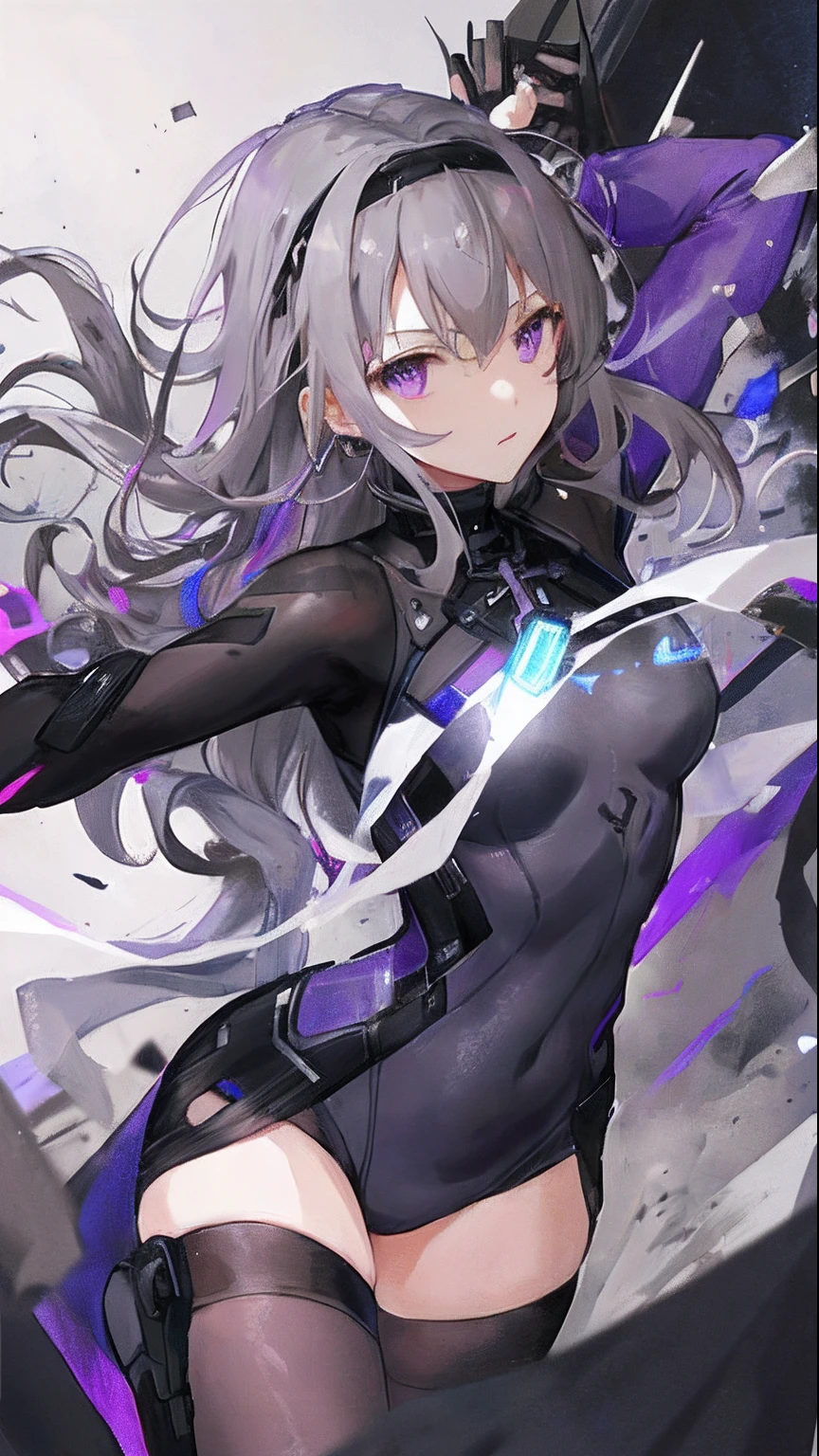 mature girl, grey wavy hair, violet eyes, nuns, action pose, war, black body suit, fantasy background, magic power, arknights style