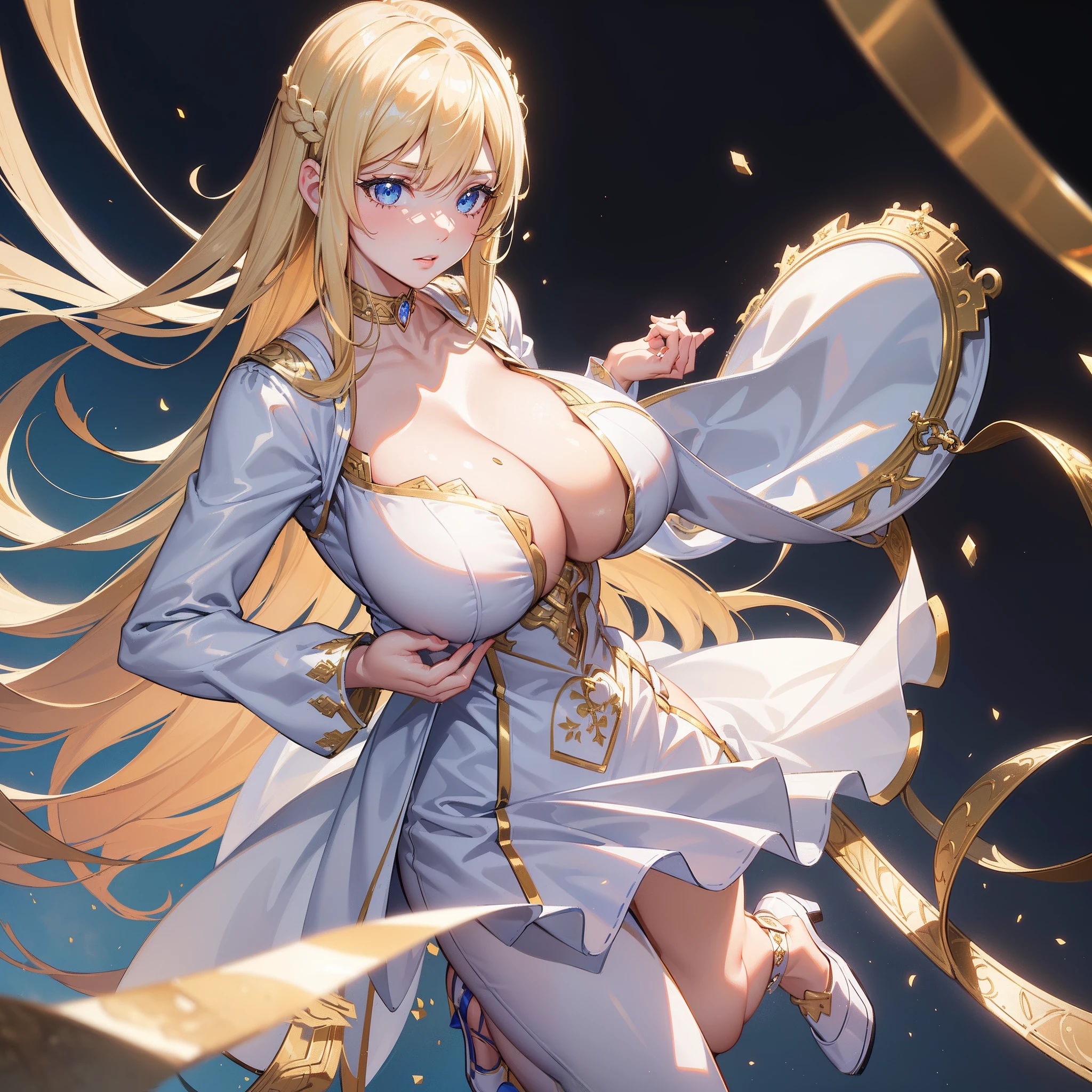 (8K, Best quality, tmasterpiece:1.2),\(eye detailed\),\(Facial features\),(\(Clothes detail details\)\),(huge tit),(Facial focus) ,Very detailed CG unity 8K wallpaper,hugefilesize,ultra - detailed,A high resolution,absurderes,beautidful eyes,Ray traching,dramatic shadow,finely detailled,Dramatic angles,Hyper-detailing,(1 girl:1.3),(Solo),Adults,(Mature royal sister:1.4),whaite hair,blonde eyes,a matural female， thick thight， busty figure,Virgin's costume,gold choker,Noble lady,Breathable white jumpsuit,flat shoes