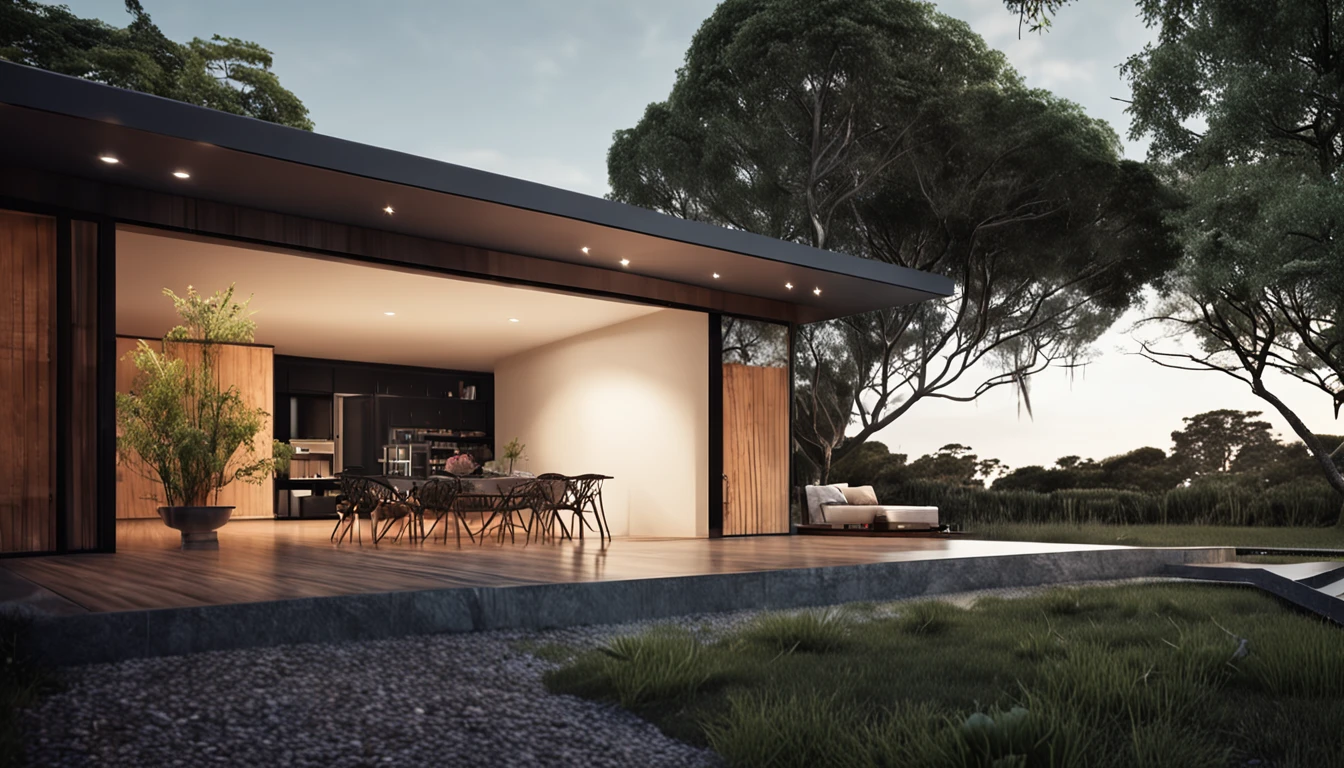 Design moderno da casa preta, jardim verde ao redor da casa, Estrada da frente preta, arquitetura moderna, vidro inteiro, luz solar, litoral