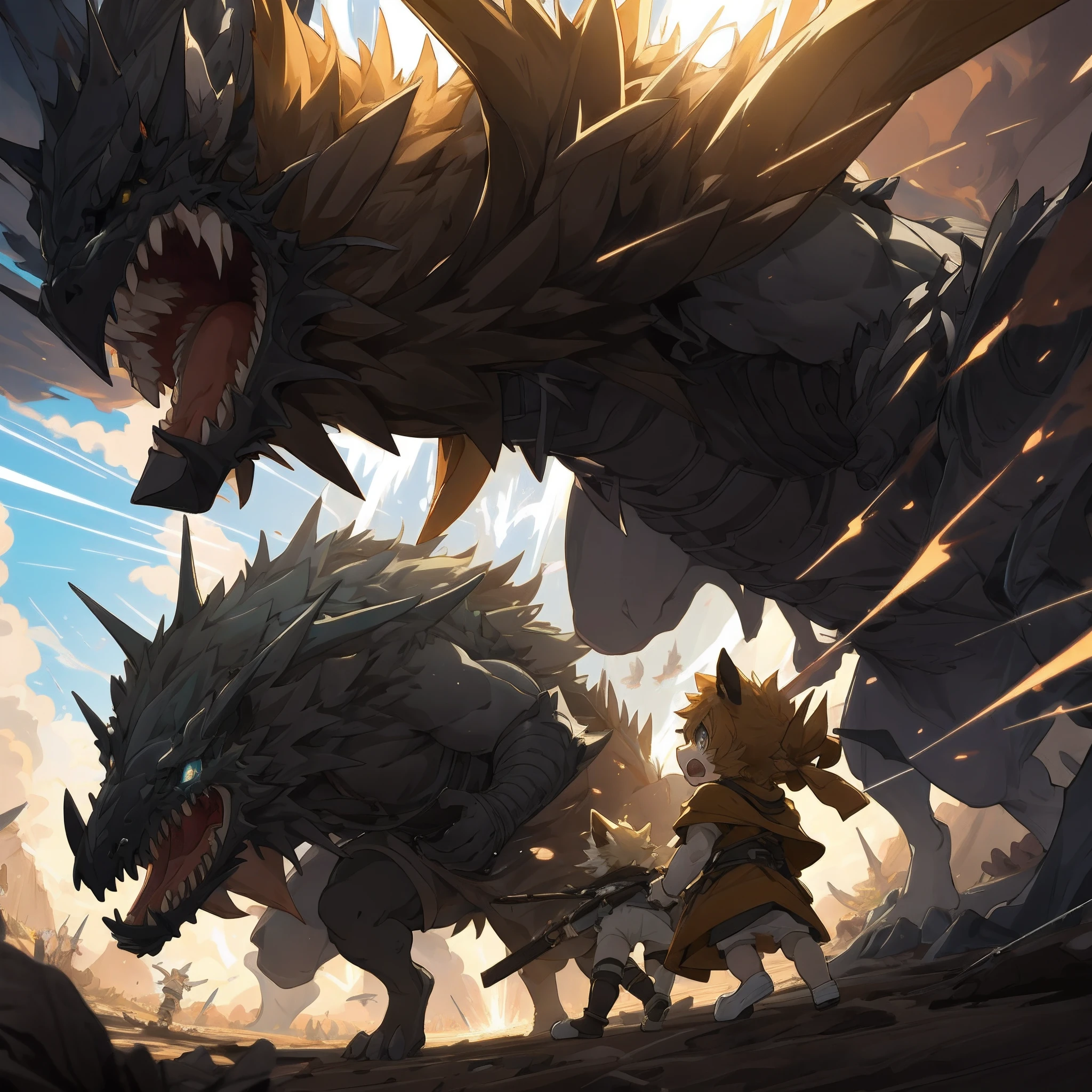 top quality, best quality, High-quality illustrations, masterpiece, super high resolution, detailed background, Back alleys((battle movie of Terrifying creatures and human child)), 6+boys, 6+girls, absurdres(highly detailed beautiful face and eyes)perfect anatomy, expression, caustics, light rays, dynamic lighting, light particles, lens flare, cinematic shadow(kemono, furry anthro)assorted poses, dynamic angle,
