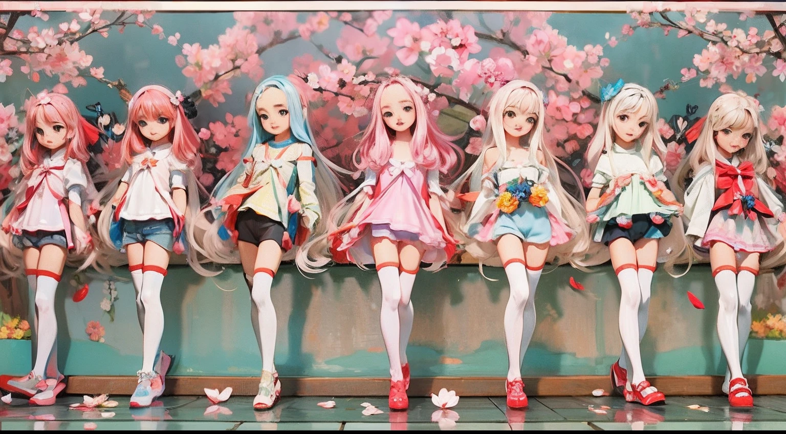 Nendroids standing in front of the painting、bionde、Yawning face、Sengai、pixiv、rokoko、dollfie dream、、flowing sakura-colored silk、Cherry blossom petals、Flowing cherry blossom silk、season!!: 🌸 ☀ 🍂 ❄、full body Esbian、ultradetailed eyes、Full Paint、Splash、(Floral hair ornament、butterfly hair ornament)、 masutepiece、Anatomically correct