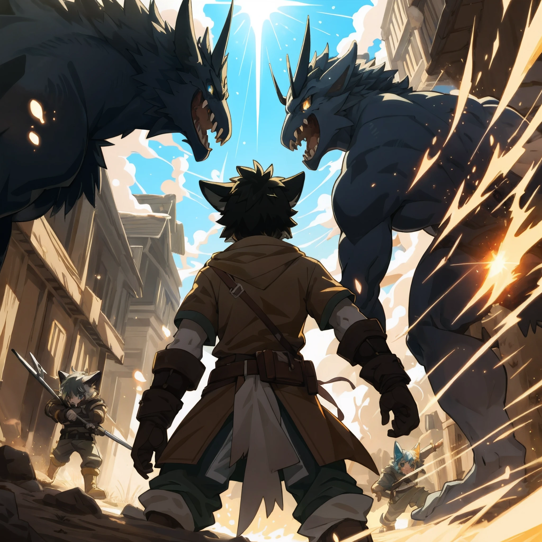 top quality, best quality, High-quality illustrations, masterpiece, super high resolution, detailed background, Back alleys((battle movie of Terrifying creatures and human child)), 6+boys, 6+girls, absurdres(highly detailed beautiful face and eyes)perfect anatomy, expression, caustics, light rays, dynamic lighting, light particles, lens flare, cinematic shadow(kemono, furry anthro)assorted poses, dynamic angle,