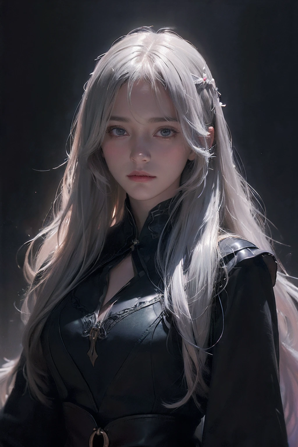 (front focus), (in the dark:1.6), Hyperrealist portrait of female by david hockney and alphonse mucha, fantasy art, photo realistic, dynamic lighting, artstation, poster, volumetric lighting, very detailed faces, 4 k, award winning, 1girl, in the dark, deep shadow, low key, cowboy shot, (official clothing:1.4), long hair, white hair