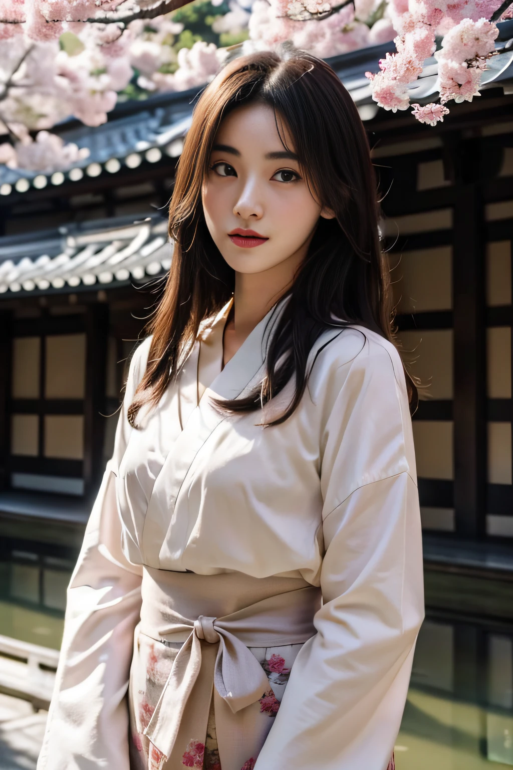 High quality、masutepiece、超A high resolution、(Photorealistic:1.4)、Kyoto Beauty、japanes、Japan Dress、skirt by the、(Thin eyebrows:0.2)、(thin lipss:0.8)、(small nose:0.8)、Appearance without makeup、walk、cowboy shot、(the perfect body:1.2)、(small nipple:0.7)、Kyoto background、By Michelangelo、ulzzang -6500-v1.1