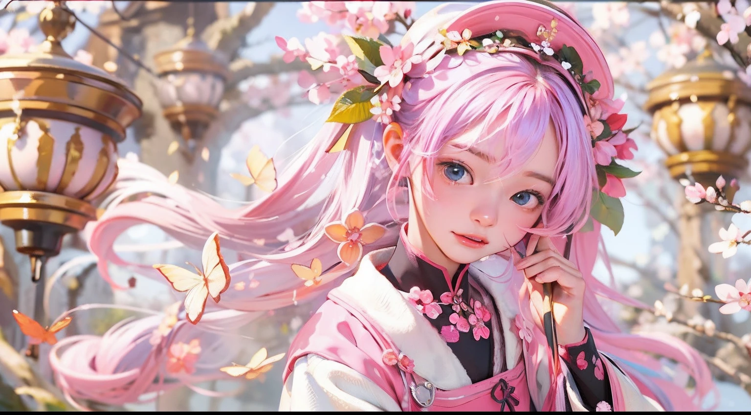 One Nendroid standing in front of the painting、bionde、Yawning face、Sengai、pixiv、rokoko、dollfie dream、、flowing sakura-colored silk、Cherry blossom petals、Flowing cherry blossom silk、season!!: 🌸 ☀ 🍂 ❄、full body Esbian、ultradetailed eyes、Full Paint、Splash、(Floral hair ornament、butterfly hair ornament)、 masutepiece、Anatomically correct