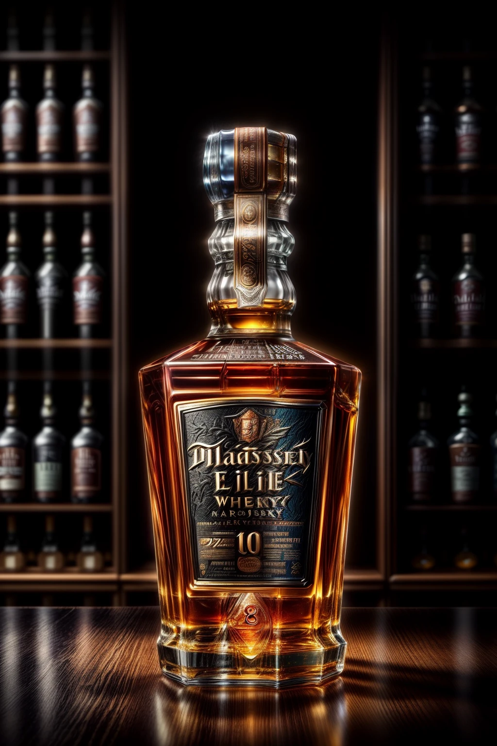(still life), (masterpiece), (best quality), (a bottle of whiskey, a glass of whiskey:1.2), a dark oak pillar, a beautiful backlight, a dark room in an elite club, ultra detailed, reflections, extremely detailed, 8k, detailed background