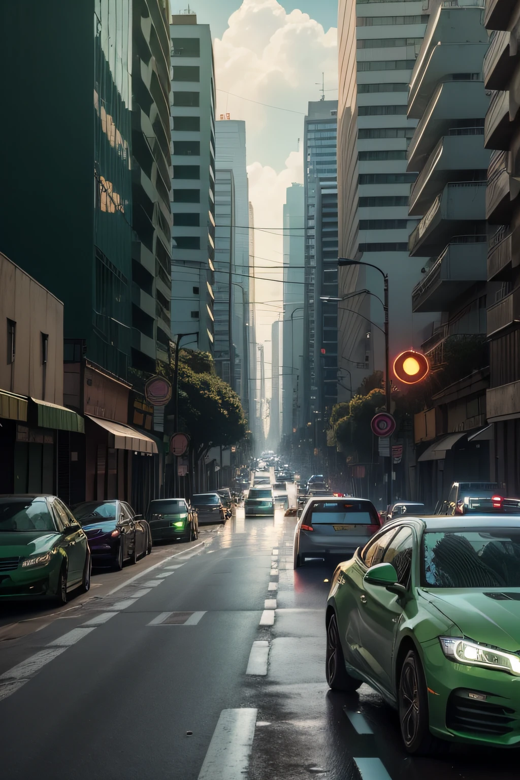 Eschatological,haze,Noon time,The city is dilapidated,The walls are covered with plants,There were many damaged cars on the road,There is a floating island in the distance